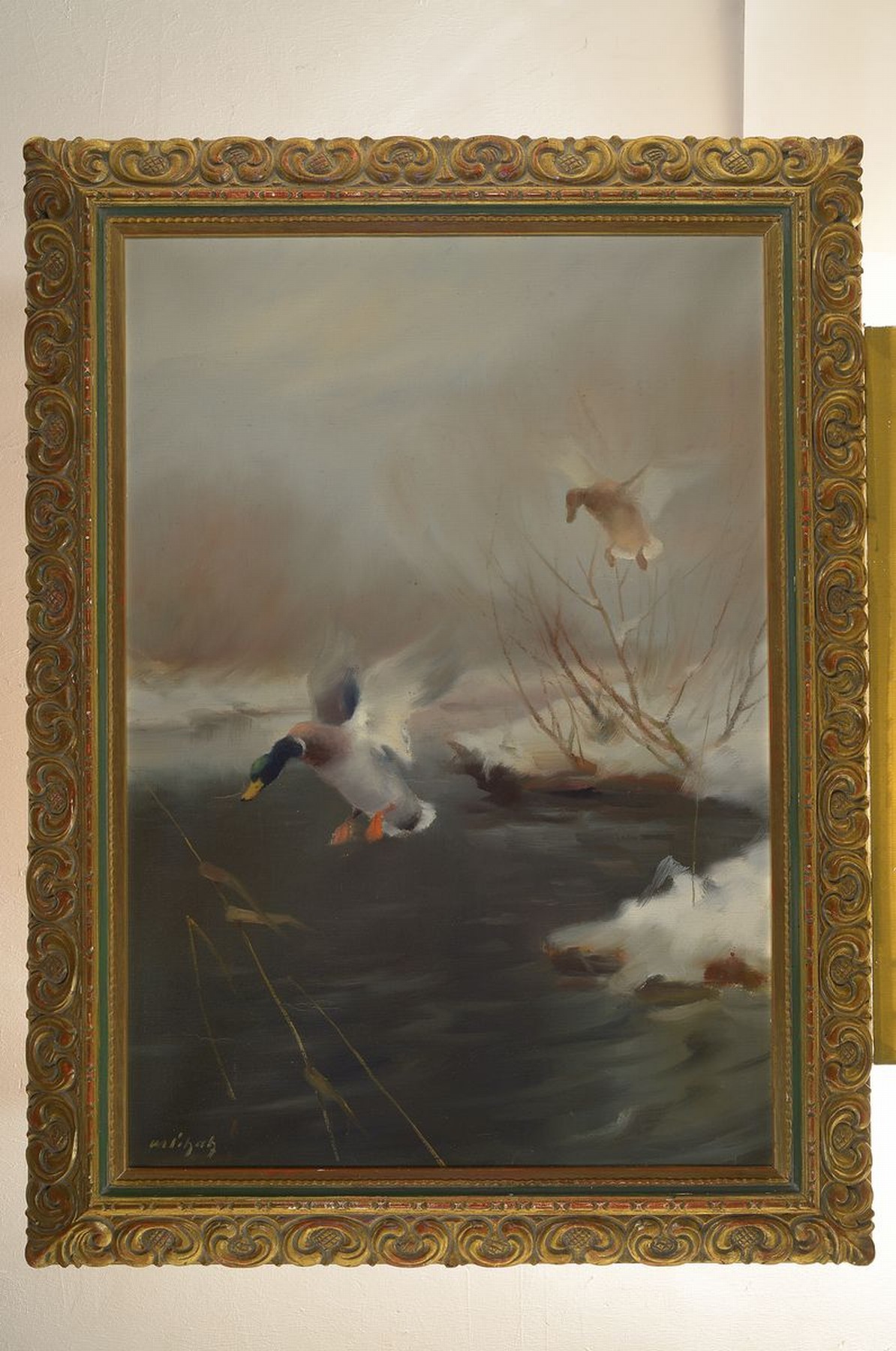Detail k: Manfred Schatz, 1925 Stettiner Haff-2004 Meerbusch, Auffliegende Enten über dem Moor, Öl/Lwd, sign., ca. 100x72cm, R. ca. 116x88cm