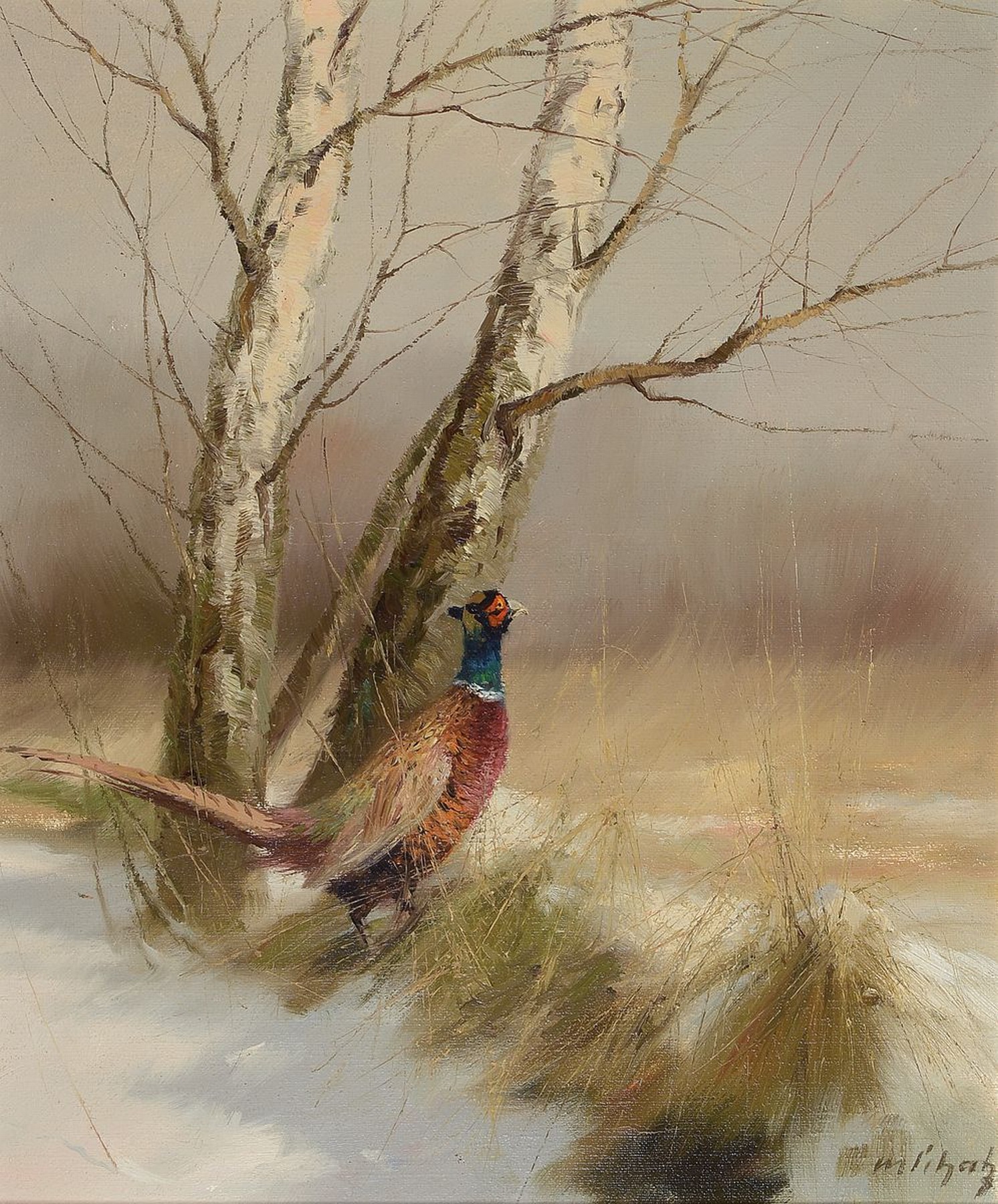 Manfred Schatz, 1925 Stettiner Haff-2004 Meerbusch, Birken und Fasan im Schnee, Öl/Lwd, rechts unten signiert, ca. 60x50cm, R. ca. 75x65cm