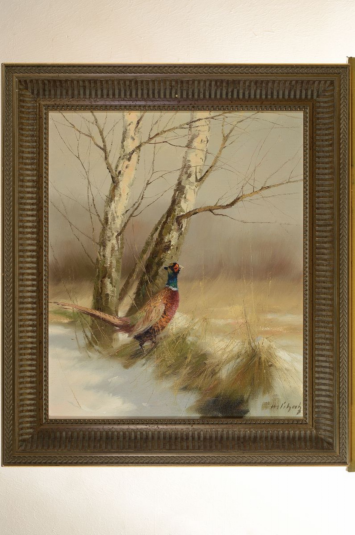 Detail k: Manfred Schatz, 1925 Stettiner Haff-2004 Meerbusch, Birken und Fasan im Schnee, Öl/Lwd, rechts unten signiert, ca. 60x50cm, R. ca. 75x65cm