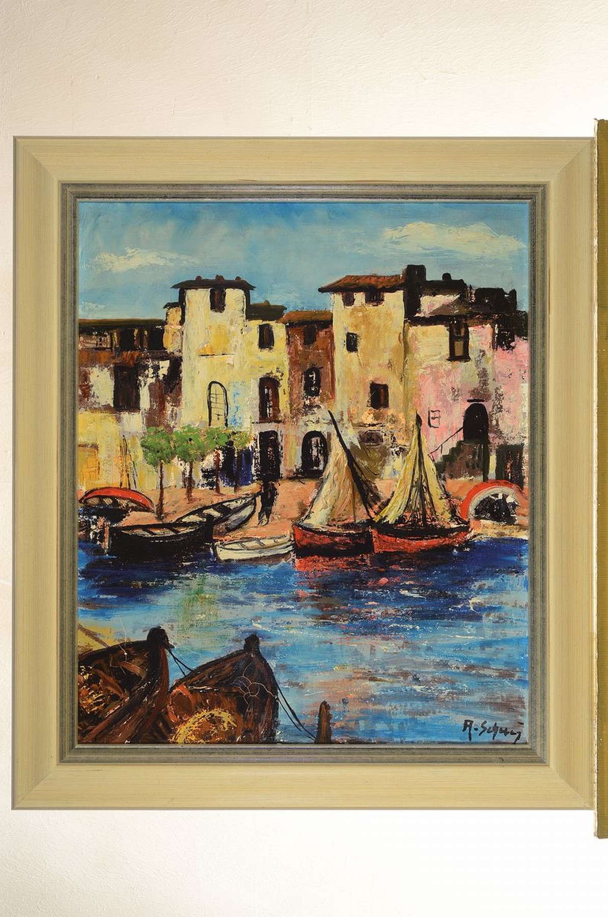 Detail k: Arnold Schatz, 1929 Steppnitz/Pommern-1999 Bielefeld, Italienische Hafenstadt, rückseitig so betitelt, Öl/Lwd, rechts unten signiert, ca. 60x50cm, ...