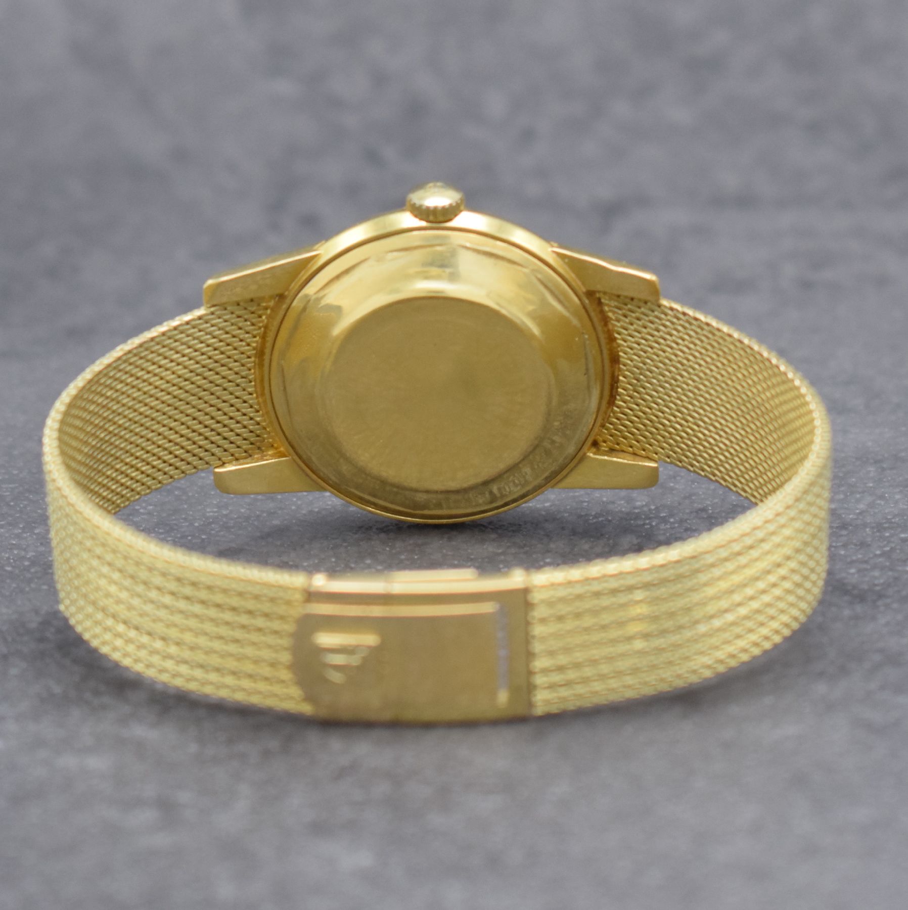 Detail g: TISSOT Herrenarmbanduhr in GG 585/000 an original Milanaiseband, Automatik, Schweiz um 1960, verschr. Boden m. starken Rep.-Spuren, gold. Zifferbl. ...