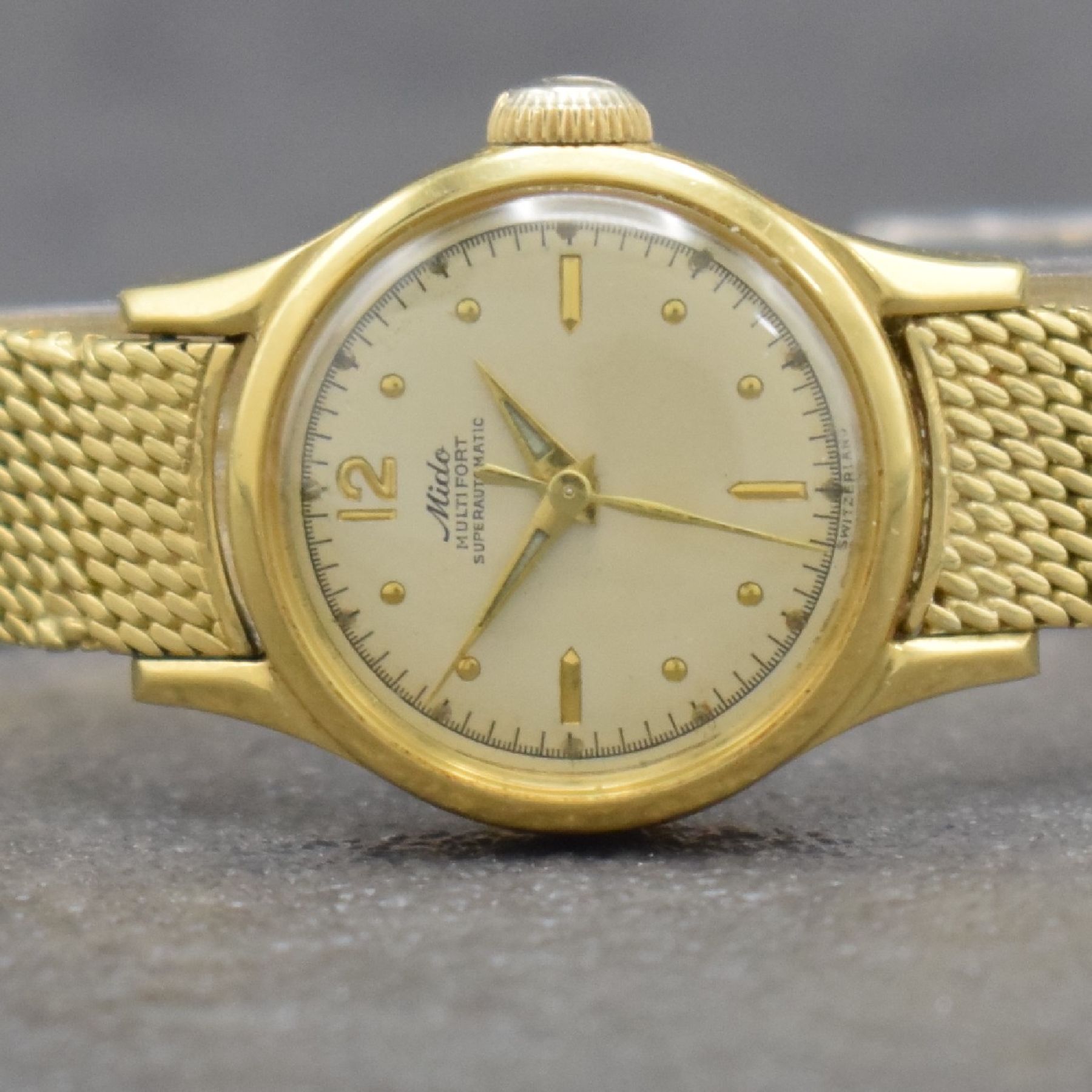 Detail a: MIDO Damenarmbanduhr Serie Multifort in GG 750/000, Automatik, Schweiz um 1955, neutr. Milanaiseband in GG 750/000, Boden verschr., vers. Zifferbl. ...