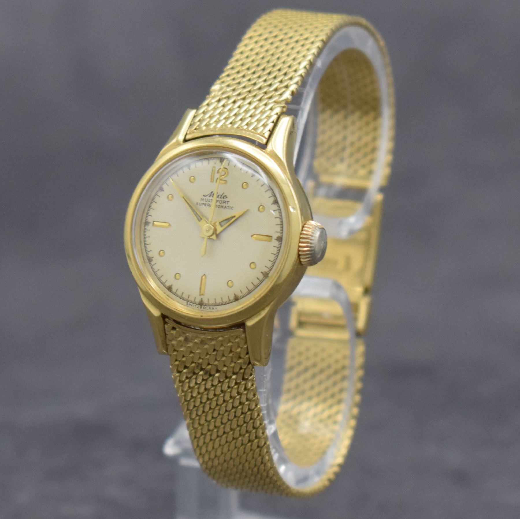 Detail b: MIDO Damenarmbanduhr Serie Multifort in GG 750/000, Automatik, Schweiz um 1955, neutr. Milanaiseband in GG 750/000, Boden verschr., vers. Zifferbl. ...