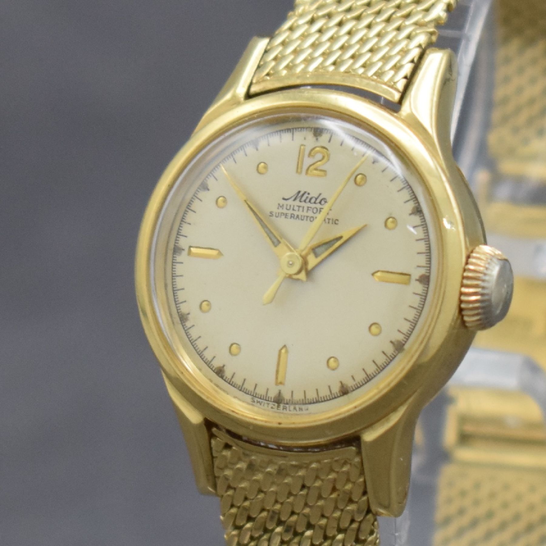 Detail c: MIDO Damenarmbanduhr Serie Multifort in GG 750/000, Automatik, Schweiz um 1955, neutr. Milanaiseband in GG 750/000, Boden verschr., vers. Zifferbl. ...