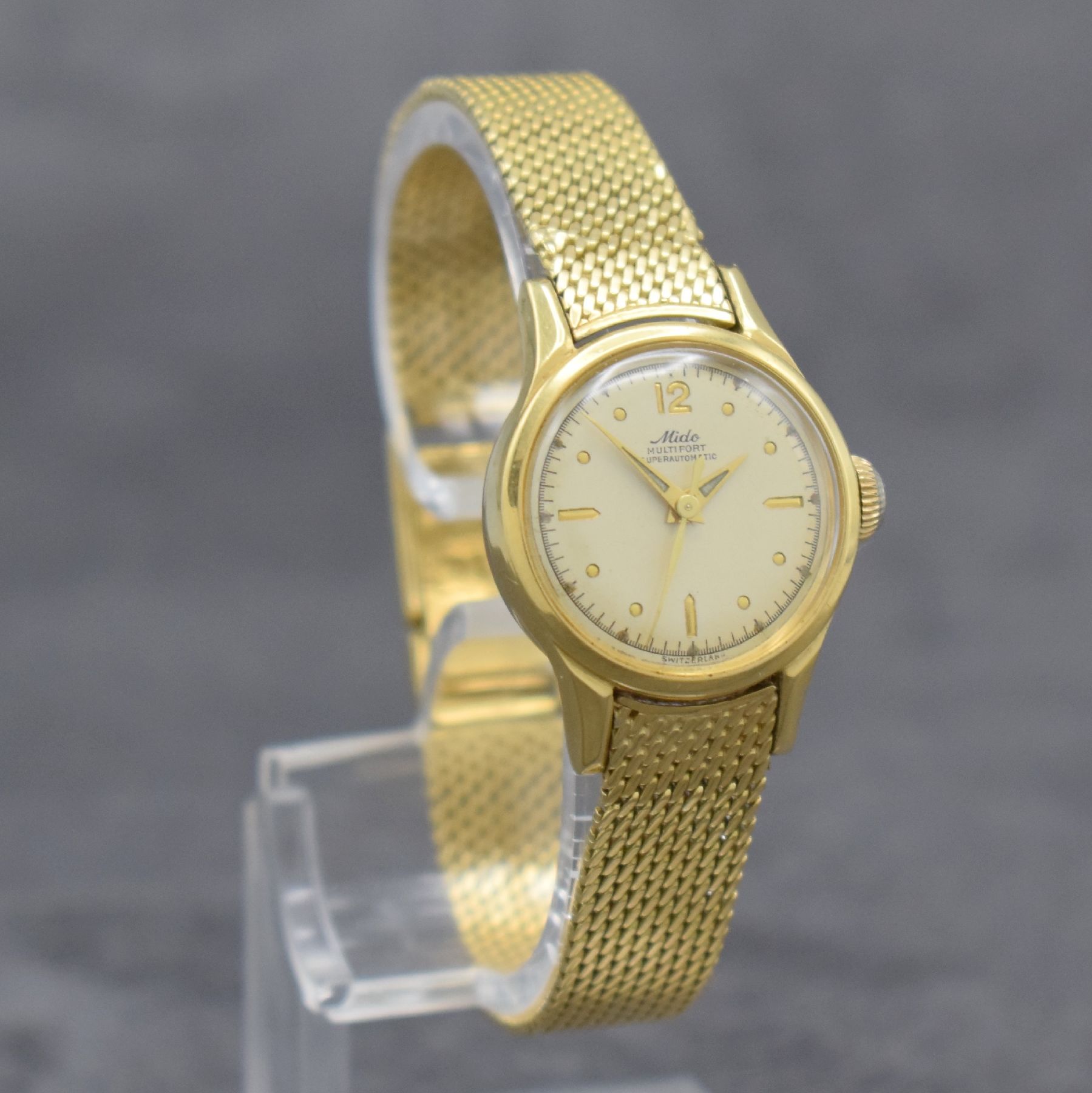 Detail d: MIDO Damenarmbanduhr Serie Multifort in GG 750/000, Automatik, Schweiz um 1955, neutr. Milanaiseband in GG 750/000, Boden verschr., vers. Zifferbl. ...