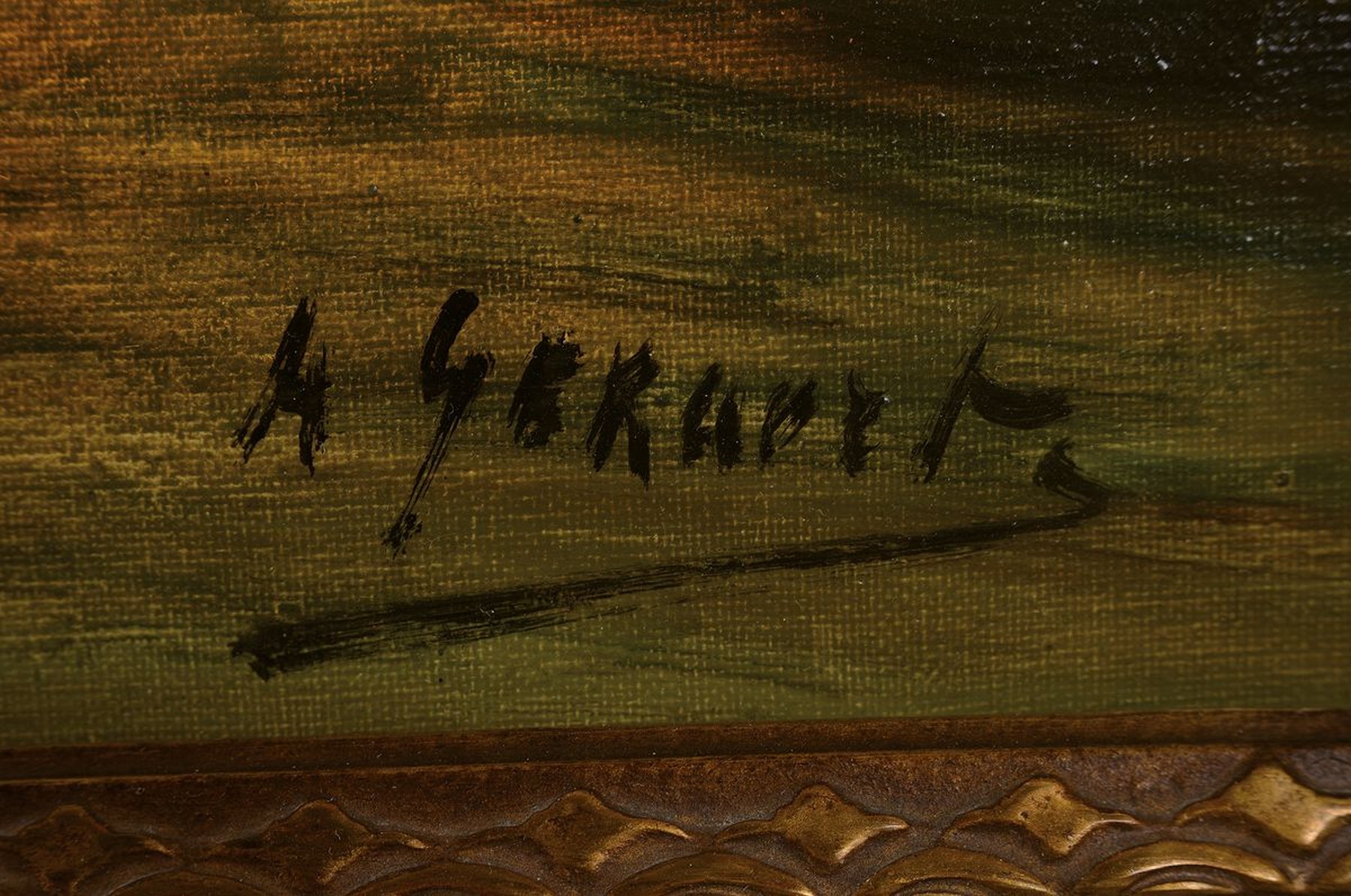 Detail a: M. Gerards, wohl belgischer Maler, um 1900, Abendrot über eine Mühle am Wasser, Öl/Lwd, rest., rechts unten signiert, stimmungsvoll, ca. 60x90cm, ...