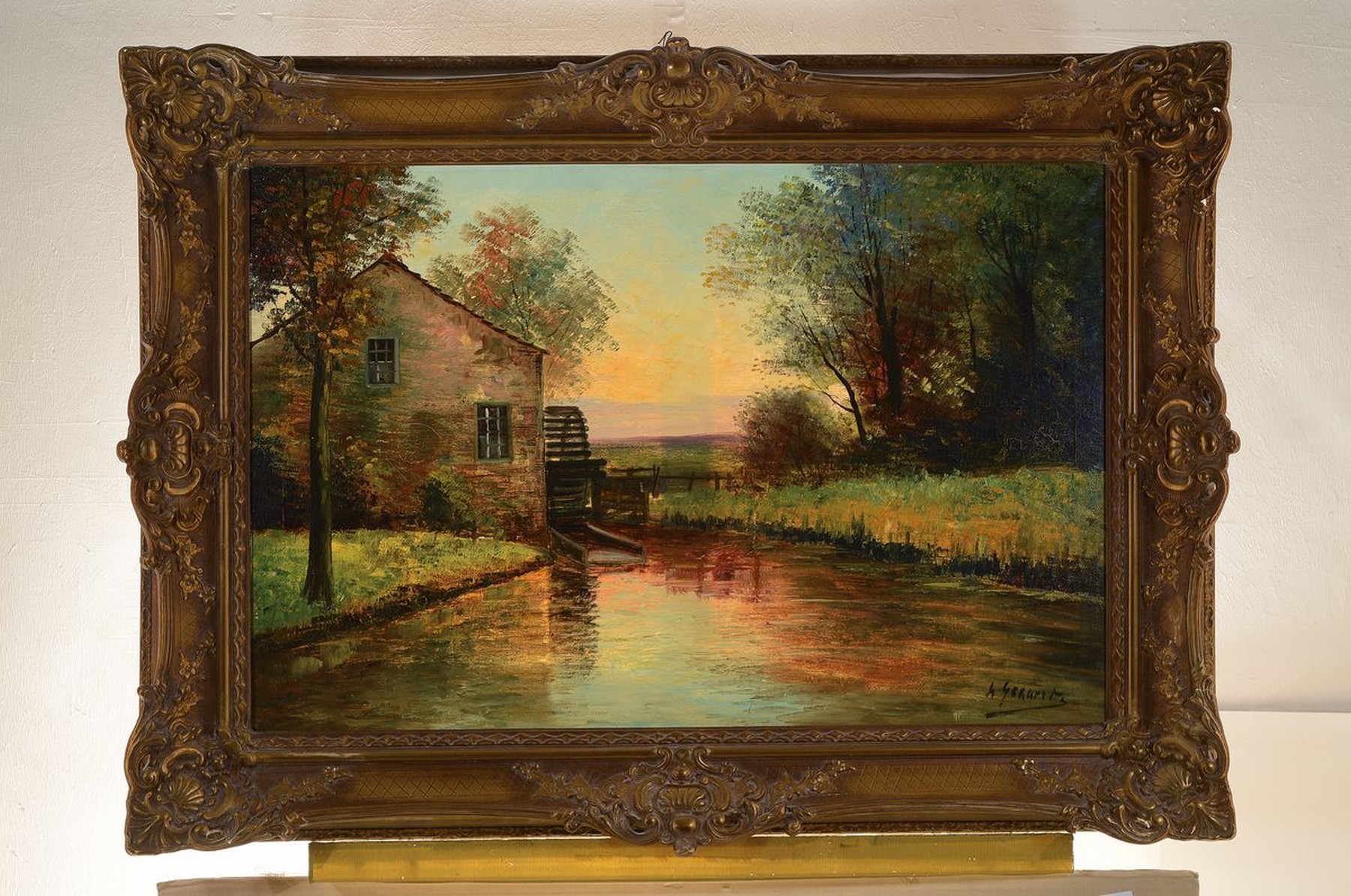 Detail k: M. Gerards, wohl belgischer Maler, um 1900, Abendrot über eine Mühle am Wasser, Öl/Lwd, rest., rechts unten signiert, stimmungsvoll, ca. 60x90cm, ...