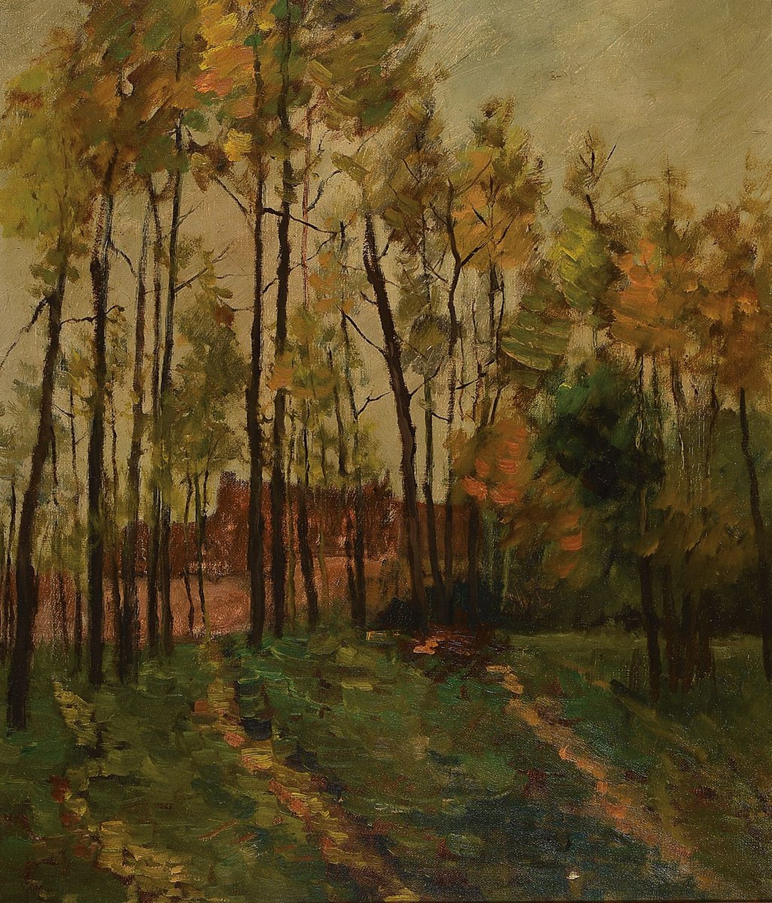 Unbekannter Künstler, wohl Niederlande/Belgien, um 1900, Blick durch die Bäume auf ein Gehöft, Öl/LWd, unsigniert, ca. 70x60cm, ca. 14 cm breiter ...