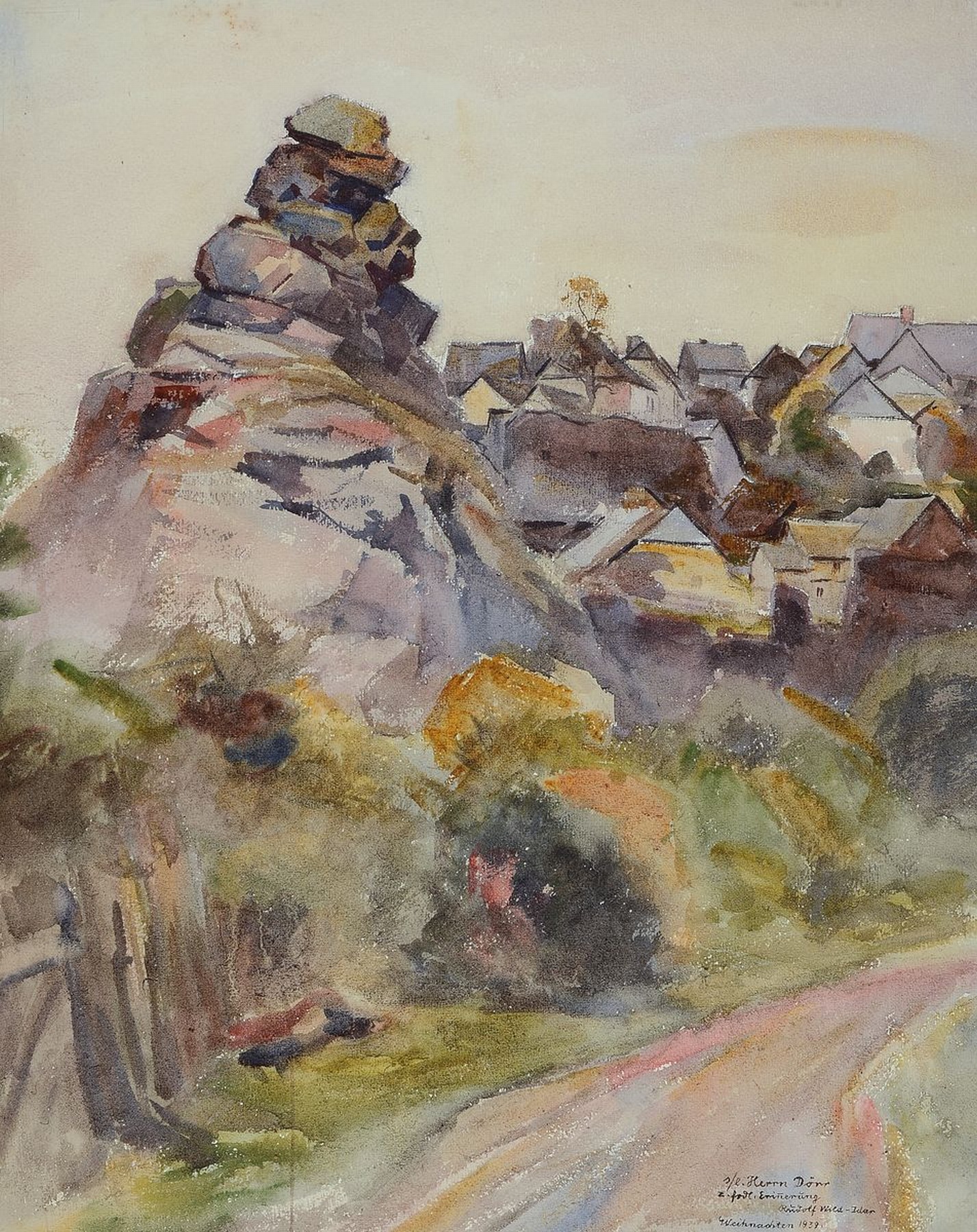 Rudolf Wild-Idar, 1871-1960 Idar-Oberstein, Blick auf Idar-Oberstein hinter Felsen, Gouache auf Papier, rechts unten signiert, gewidmet und dat. ...