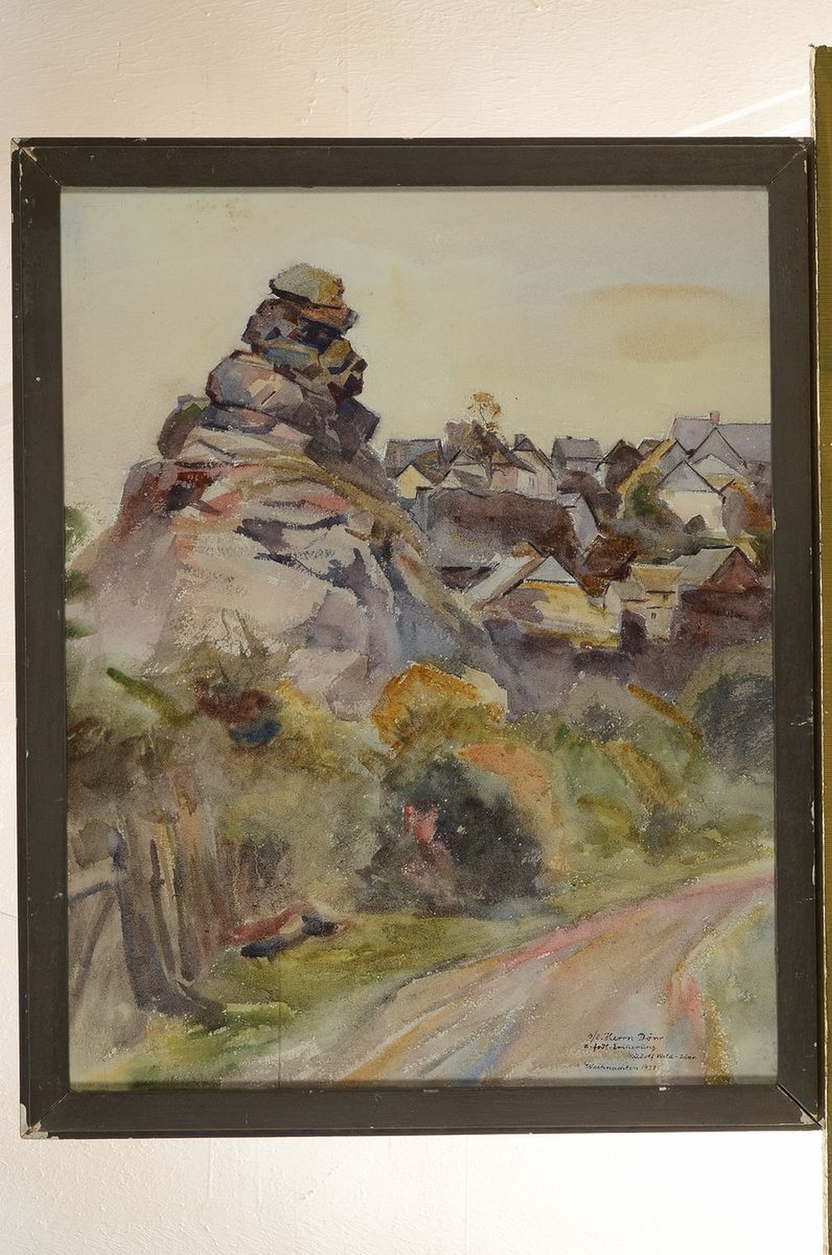 Detail k: Rudolf Wild-Idar, 1871-1960 Idar-Oberstein, Blick auf Idar-Oberstein hinter Felsen, Gouache auf Papier, rechts unten signiert, gewidmet und dat. ...
