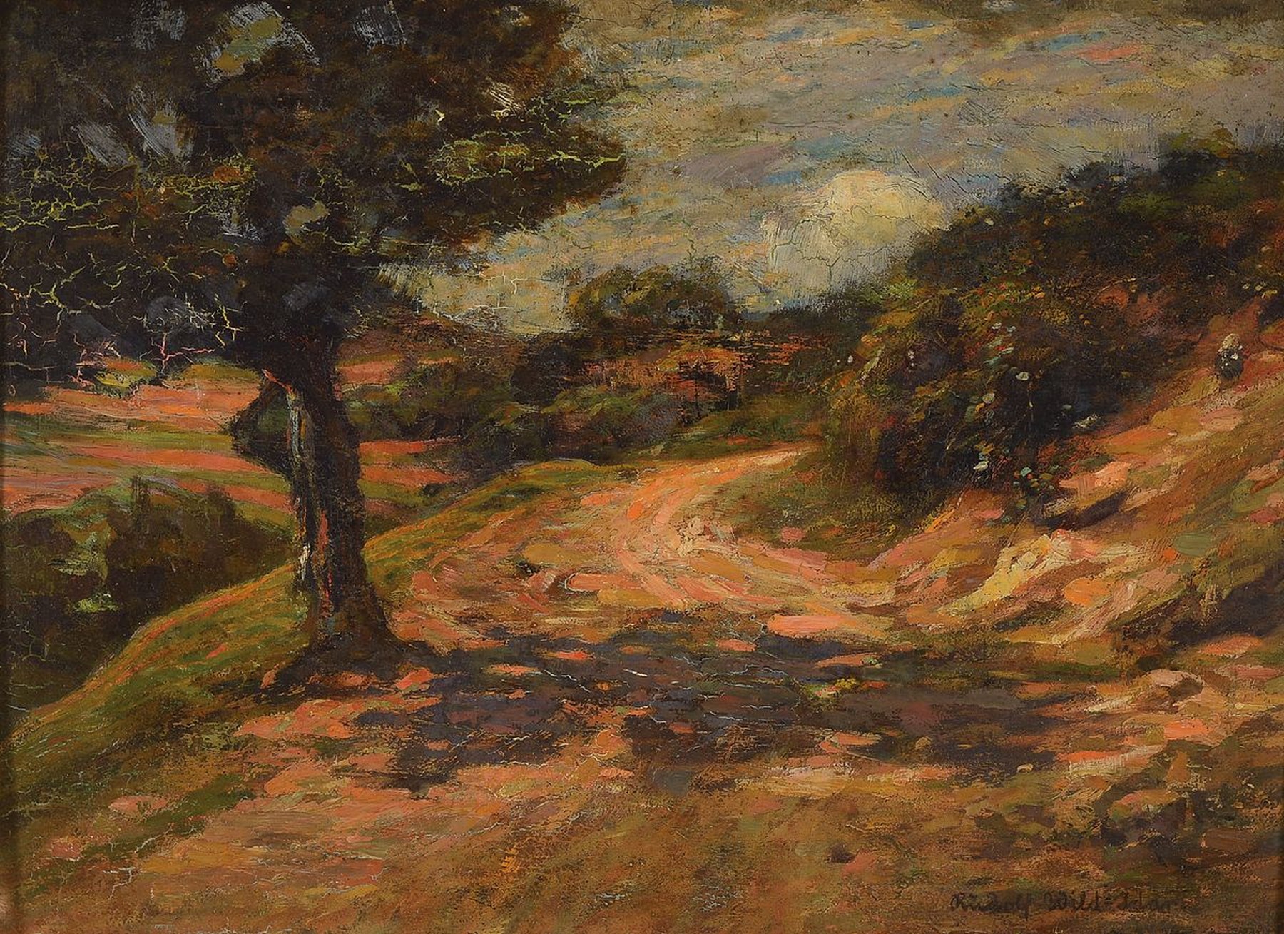 Rudolf Wild-Idar, 1871-1960 Idar-Oberstein, Baum am Wegrand, Öl/Holz, rechts unten signiert, altersbedingt krakeliert, ca. 31x43cm, R.