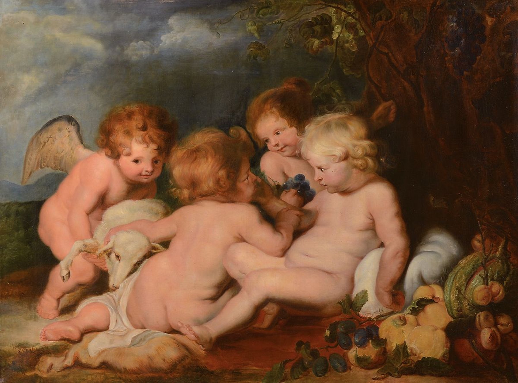 Johanna Kawerau, Kopie nach Peter Paul Rubens, "Das Christuskind mit dem Johannesknaben und zwei Engeln", qualitätvolle und großformatige ...