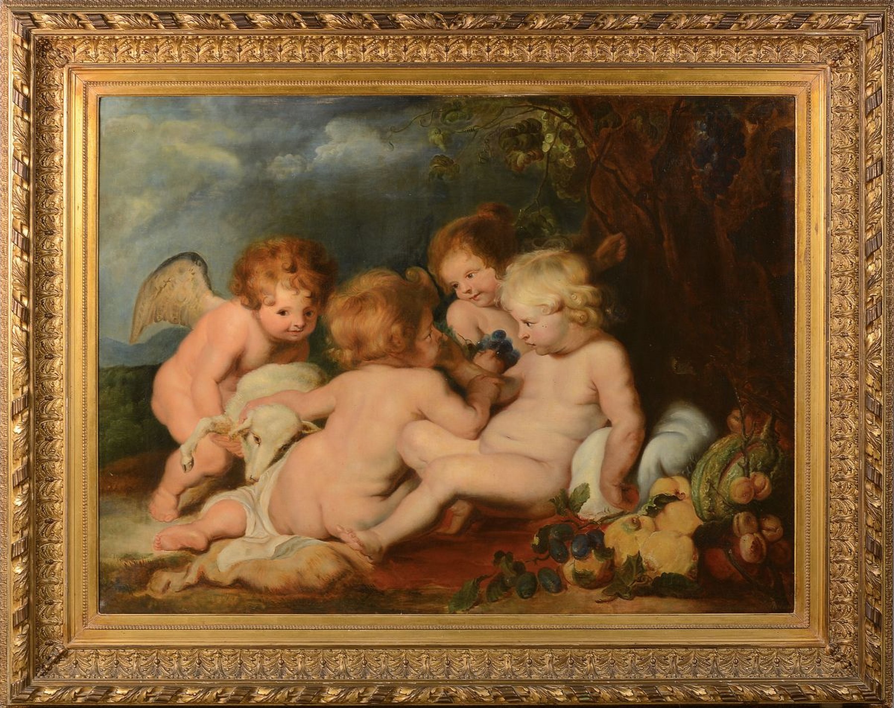 Detail k: Johanna Kawerau, Kopie nach Peter Paul Rubens, "Das Christuskind mit dem Johannesknaben und zwei Engeln", qualitätvolle und großformatige ...