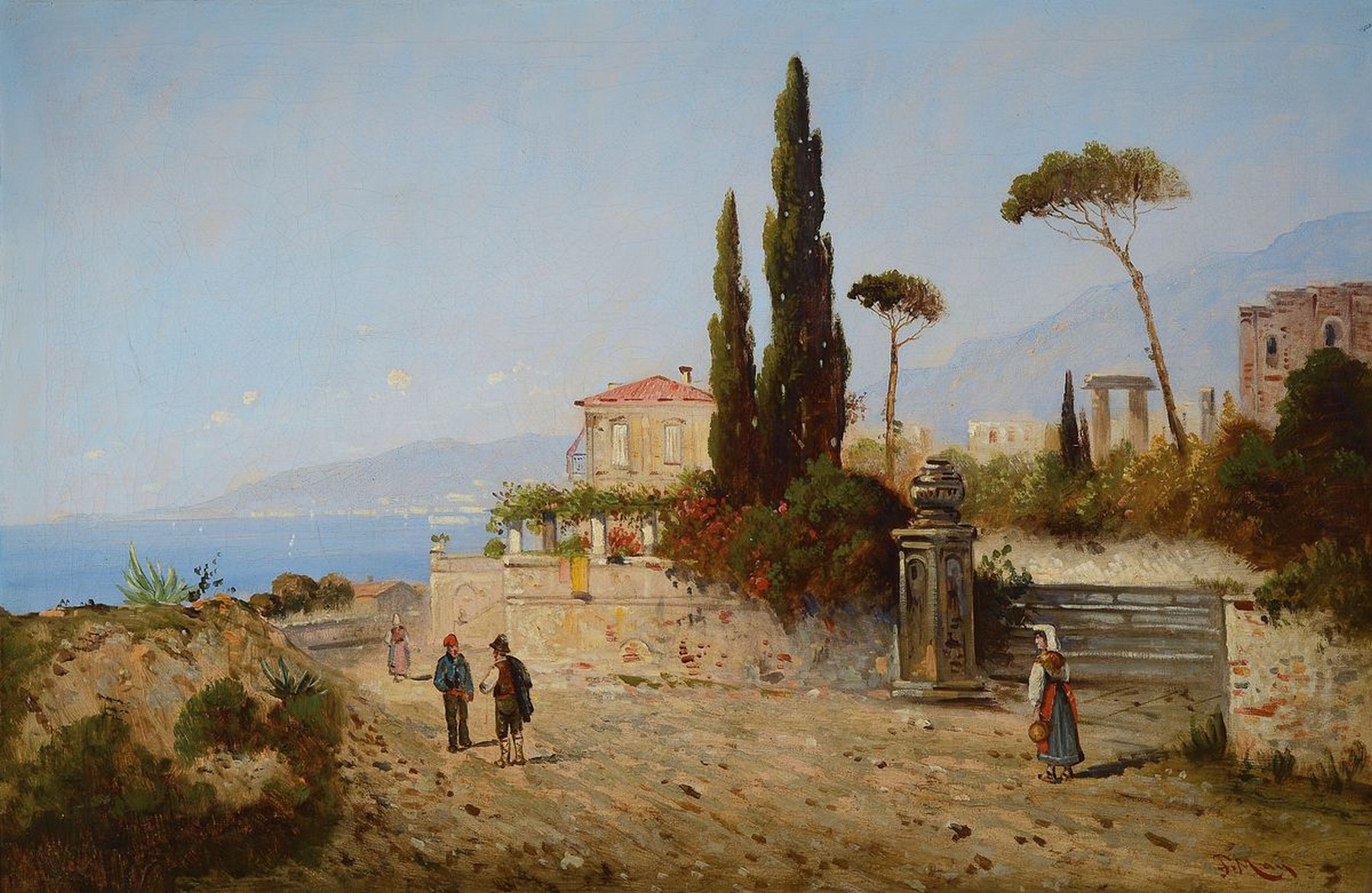 F. Mau, südliche Küstenansicht, Uferstraße mit Personen und Blick auf das Meer, Öl/ Lwd, re. unten rot signiert, ca. 52 x 80 cm, Rahmen: 63 x 90 ...