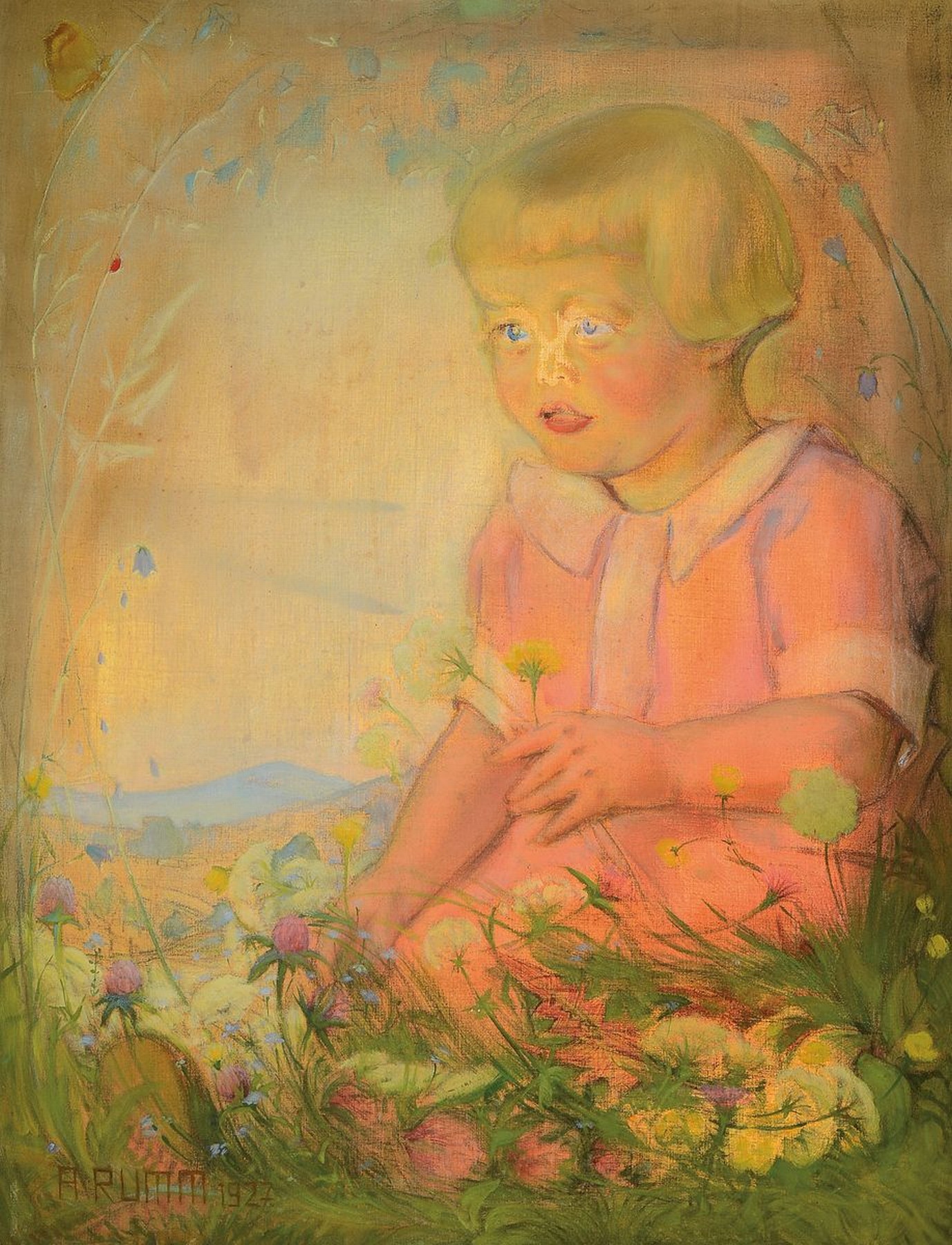 August Rumm, 1888 Schwanheim - 1950, AllemühleDurlach, Meisterschüler von Wilhelm Trübner,hier Mädchen in Blumenwiese, Mischtechnik auf Leinwand, ...