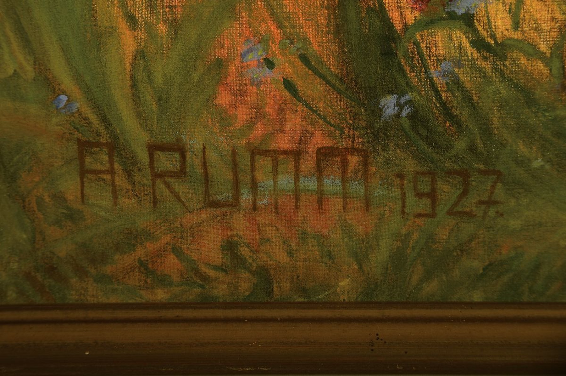 Detail a: August Rumm, 1888 Schwanheim - 1950, AllemühleDurlach, Meisterschüler von Wilhelm Trübner,hier Mädchen in Blumenwiese, Mischtechnik auf Leinwand, ...