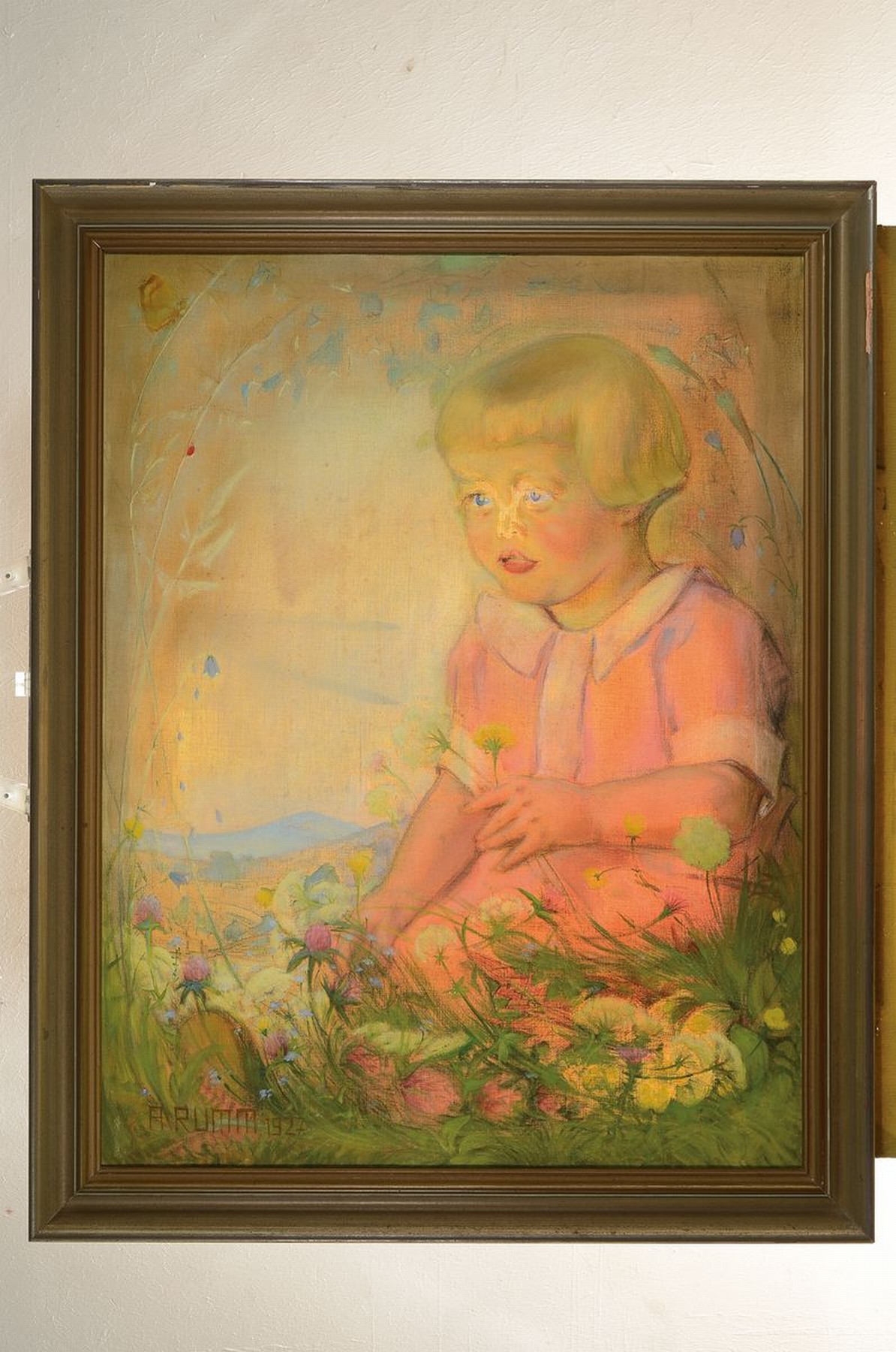 Detail k: August Rumm, 1888 Schwanheim - 1950, AllemühleDurlach, Meisterschüler von Wilhelm Trübner,hier Mädchen in Blumenwiese, Mischtechnik auf Leinwand, ...