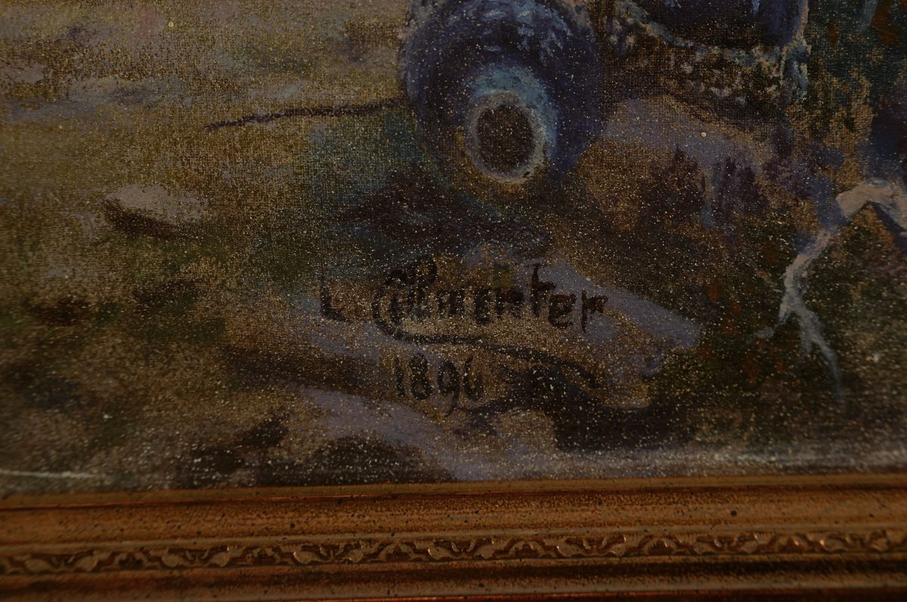 Detail a: Unleserlich, Künstler, um 1900,, naive Landschaftsdarstellung mit kolonialer Darstellung, li. u. signiert und dat. 1896, 75 x 95 cm, l. Alters- und ...