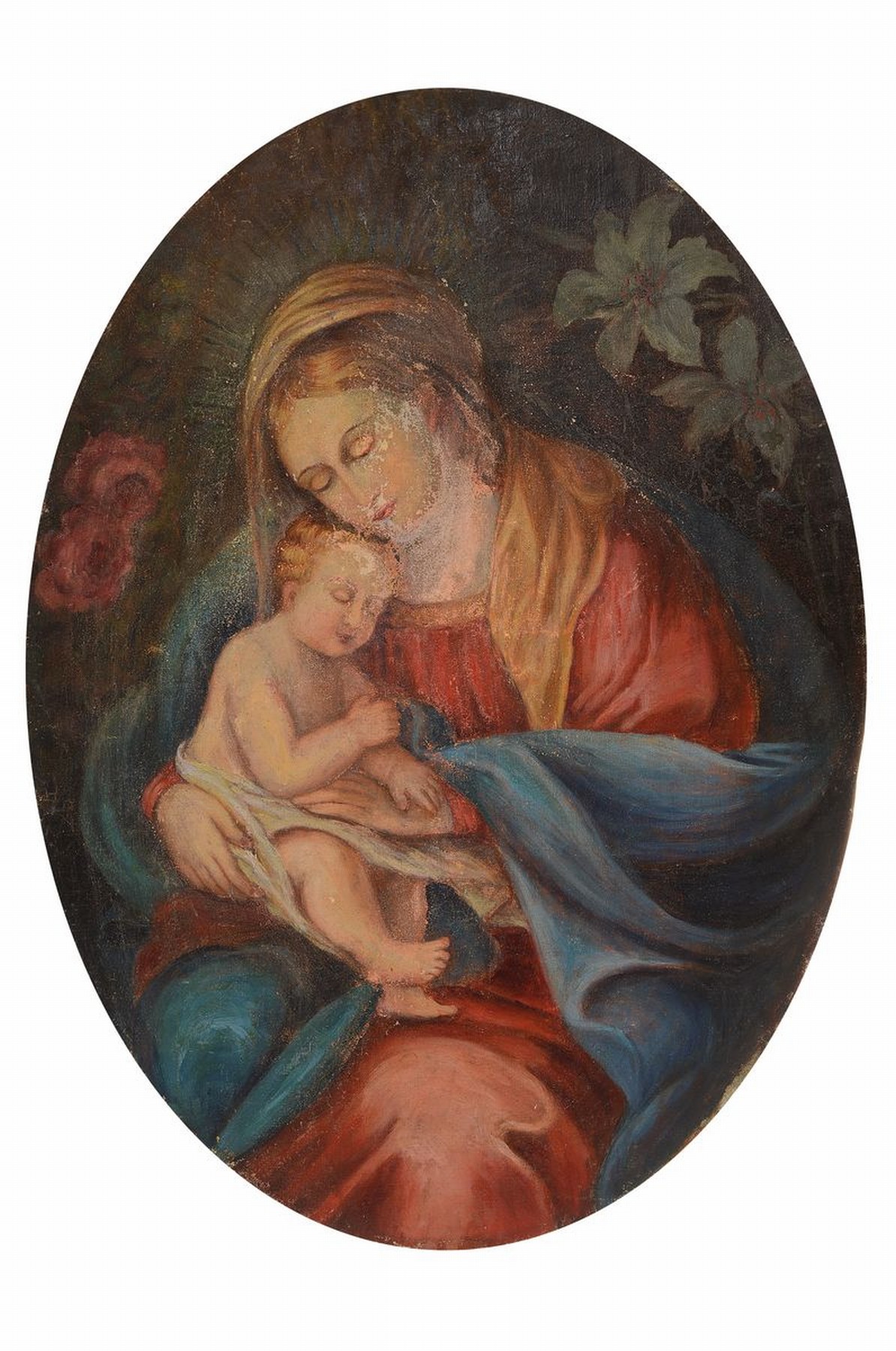 Unbekannter Künstler, 19. Jh., Madonna mit Kind, Öl/Lwd, mit altersbedingten Farbschäden, im Oval ca. 69x50cm