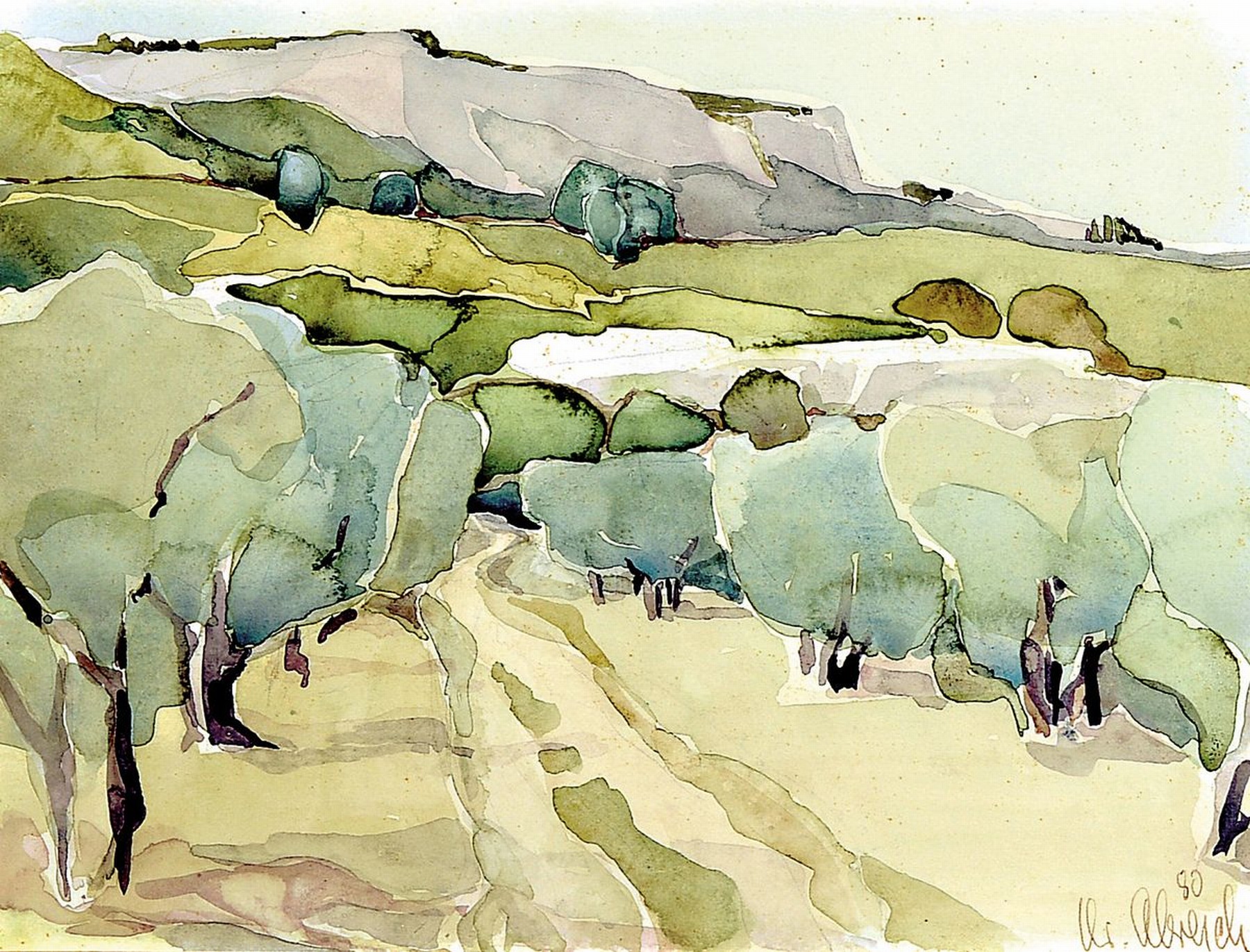 Christel Abresch, 1931 Sulzbach-2011 Neustadt an der Weinstraße, Landschaft, Aquarell auf Papier, signiert und dat. 80, ca. 17x23cm, PP, u.Gl., R. ...