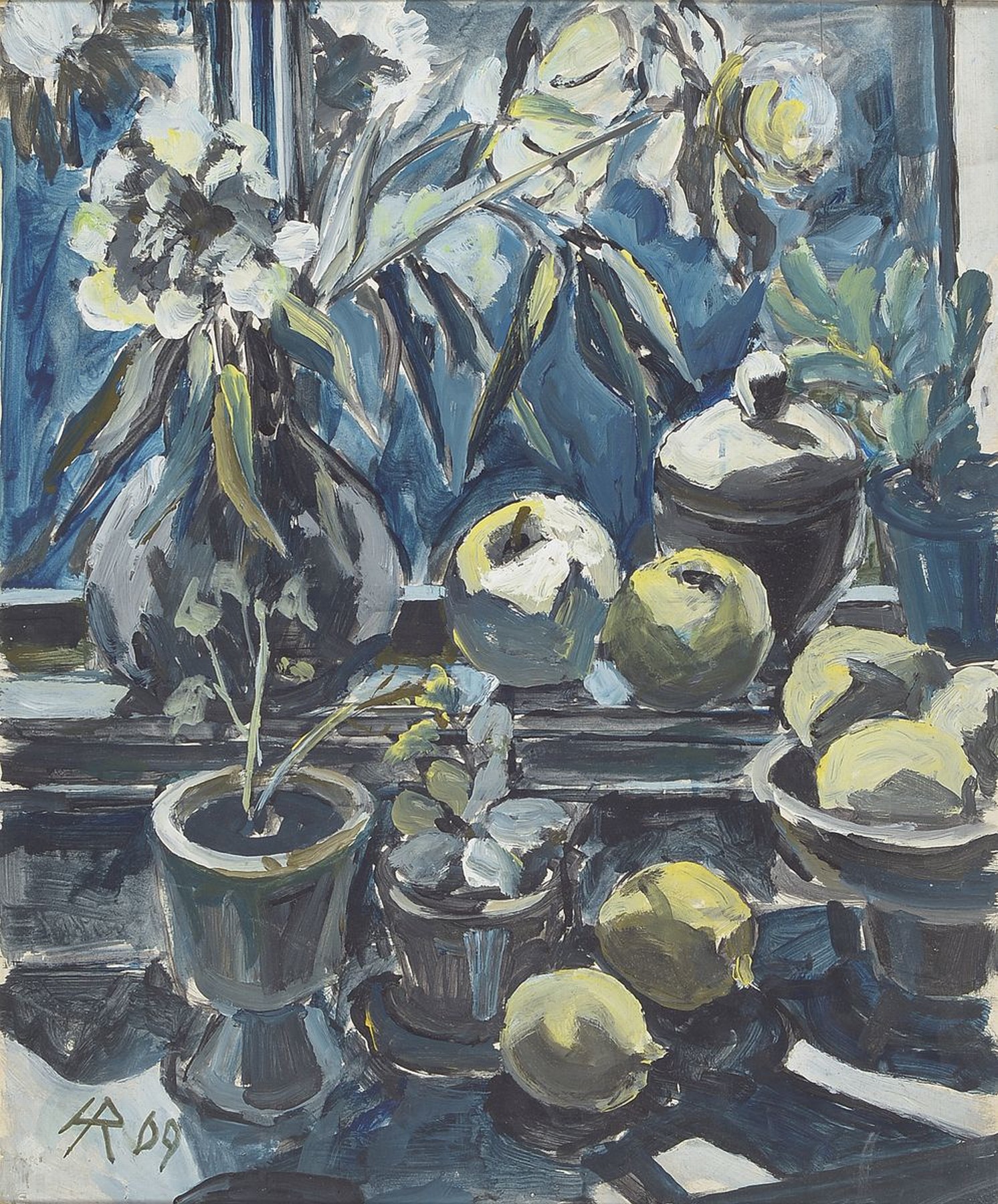 Heinz Reiss, 1923-2008 Haßloch, Schüler von Philipp Steinmetz, Mitglied der Künstlergruppe worbs, Stillleben mit Topfpflanzen und Früchten, ...