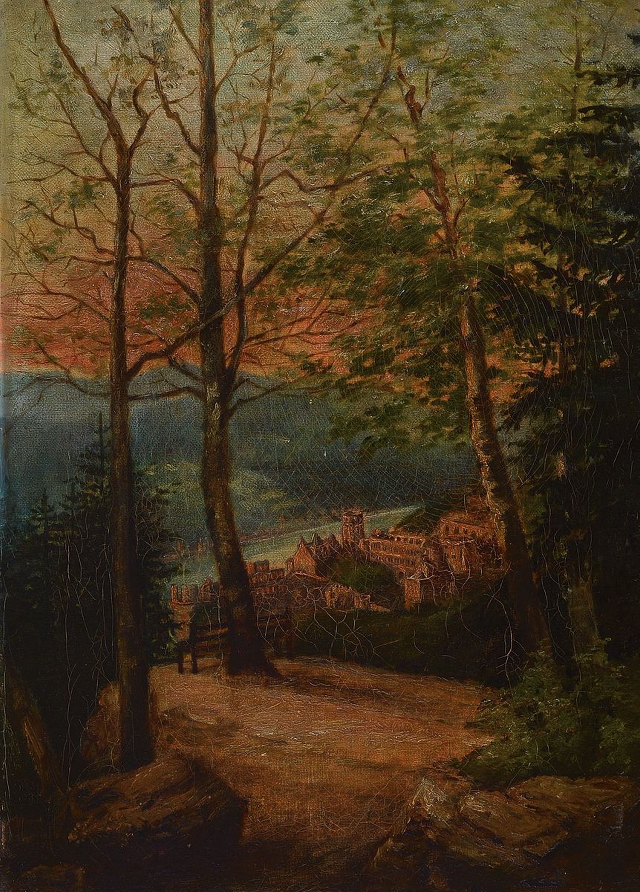 Unbekannter Künstler, um 1880-90, Blick von oben auf das Heidelberger Schloß und das Neckartal, Öl/Lwd, unsigniert, ca. 42x30cm, R. ca. 53x41cm
