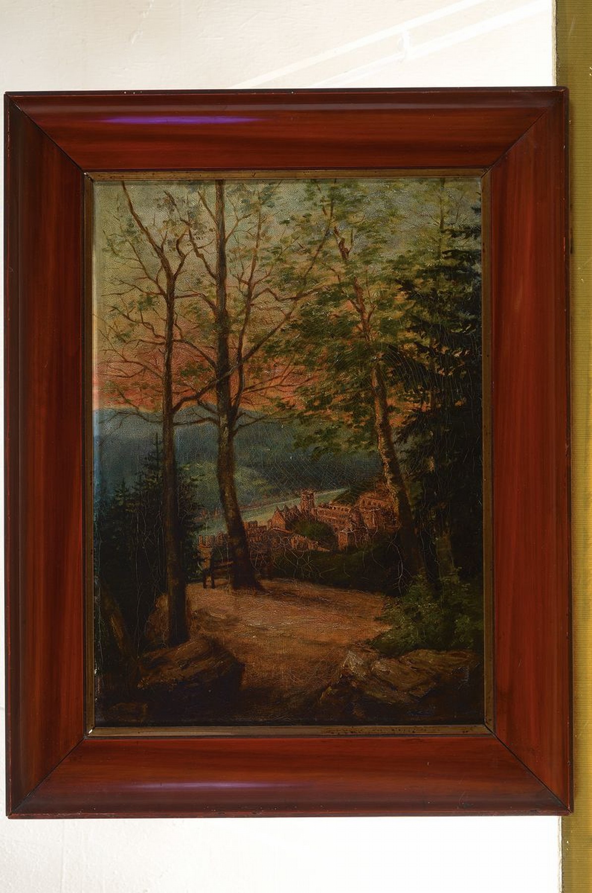 Detail k: Unbekannter Künstler, um 1880-90, Blick von oben auf das Heidelberger Schloß und das Neckartal, Öl/Lwd, unsigniert, ca. 42x30cm, R. ca. 53x41cm