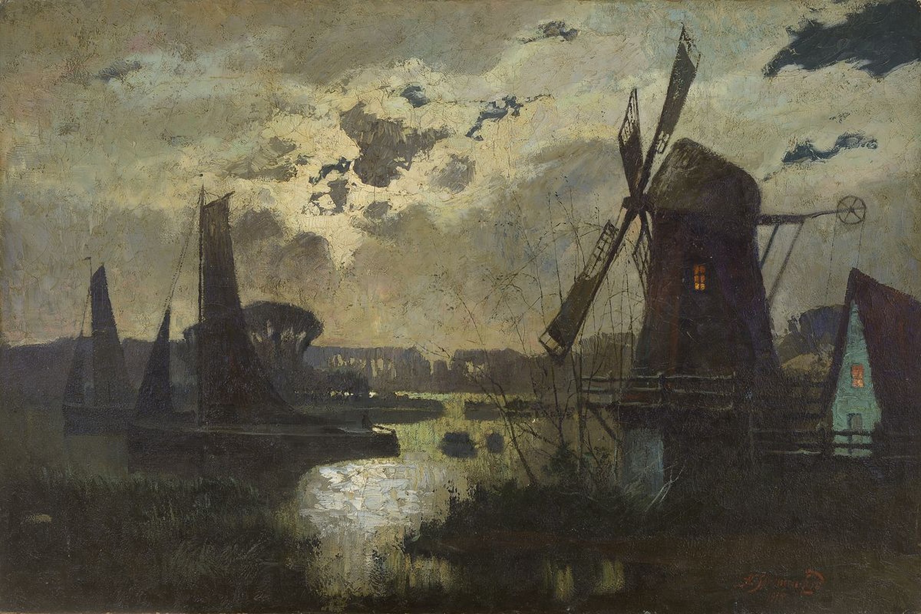 Hans Sörensen-Lund, 1859-1920, dänischer Maler, wolkenreicher Nachthimmel über Landschaft mit Windmühle, Öl/LWd, rechts unten signiert und dat. ...