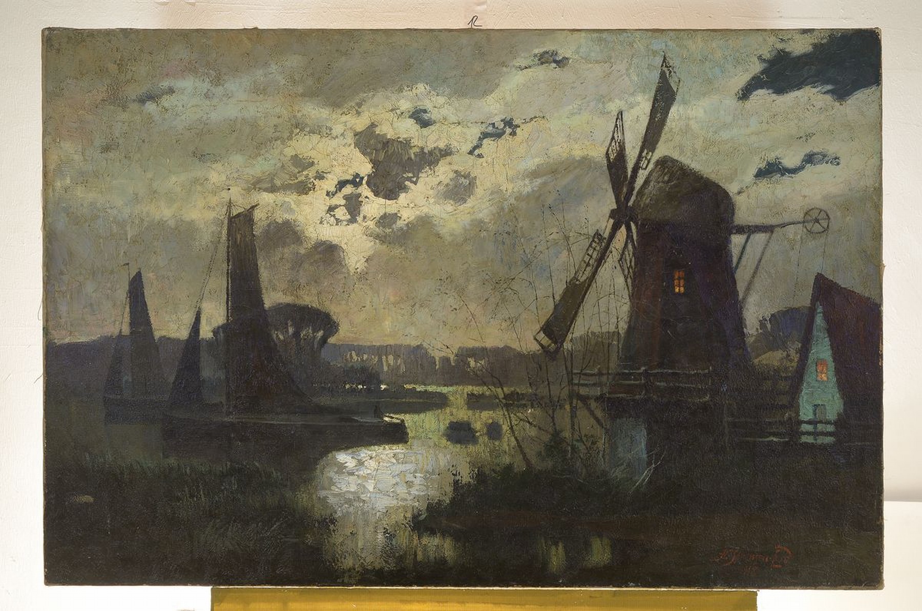 Detail k: Hans Sörensen-Lund, 1859-1920, dänischer Maler, wolkenreicher Nachthimmel über Landschaft mit Windmühle, Öl/LWd, rechts unten signiert und dat. ...