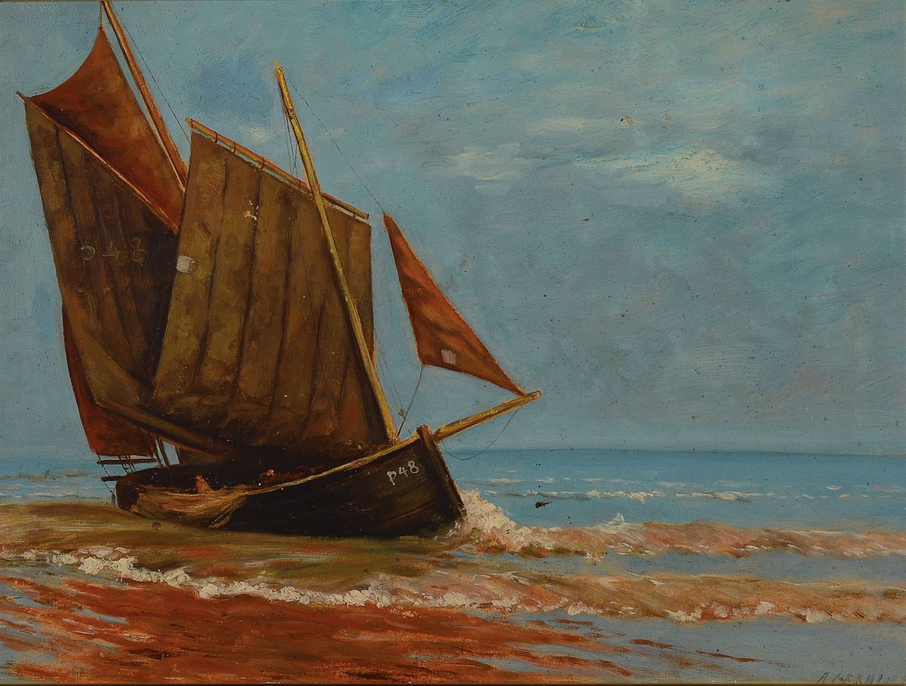 A. Gebauer, wohl Mitte 20. Jh.,, Segelboot am Strand, Öl/Platte, re. u. signiert, ca. 35 x46 cm, Mahagonirahmen mit Goldleisten, leichte Alters- und ...