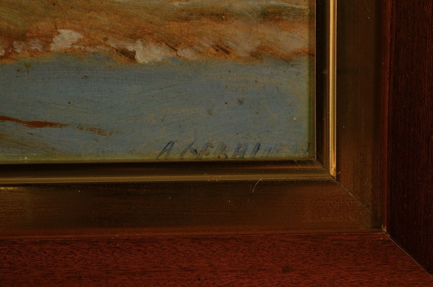 Detail a: A. Gebauer, wohl Mitte 20. Jh.,, Segelboot am Strand, Öl/Platte, re. u. signiert, ca. 35 x46 cm, Mahagonirahmen mit Goldleisten, leichte Alters- und ...