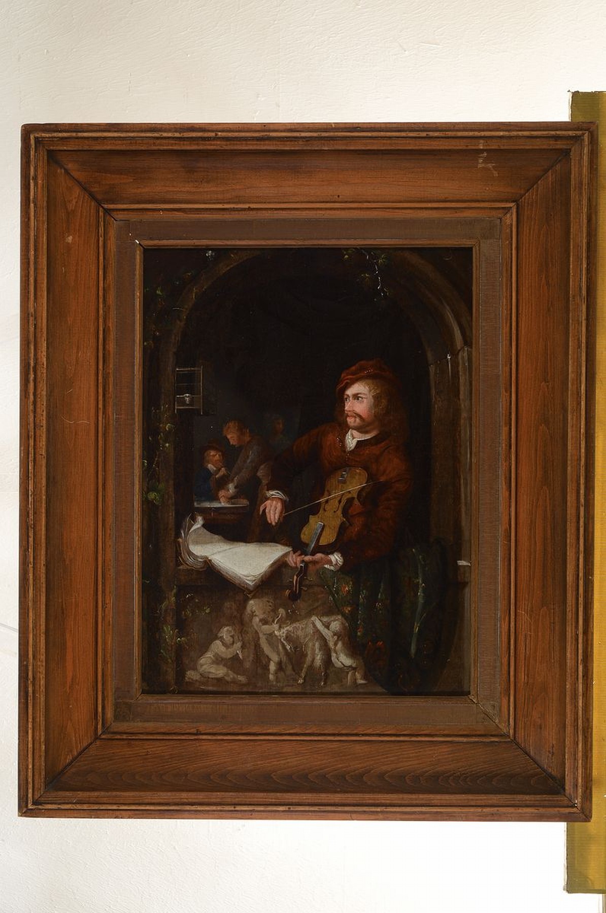 Detail k: Niederländischer Künstler, um 1680, aufspielender Geiger mit Notenbuch am Fensterbogen, feine lasierende Malerei, gute Stofflichkeit, gekonntes ...