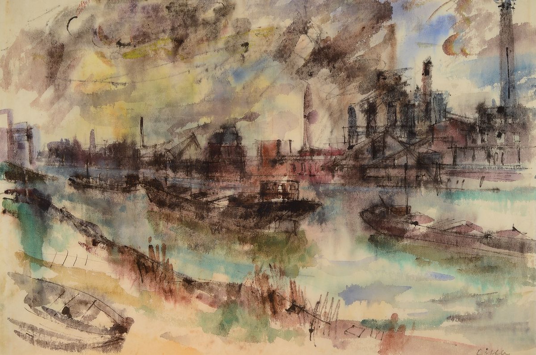 Paul Löffler, 1938-1995 Mannheim, Blick auf das Rheinufer und die BASF, Tusche und Aquarell, rechts unten signiert, ca. 52x78cm, PP, u.Gl., R. ca. ...