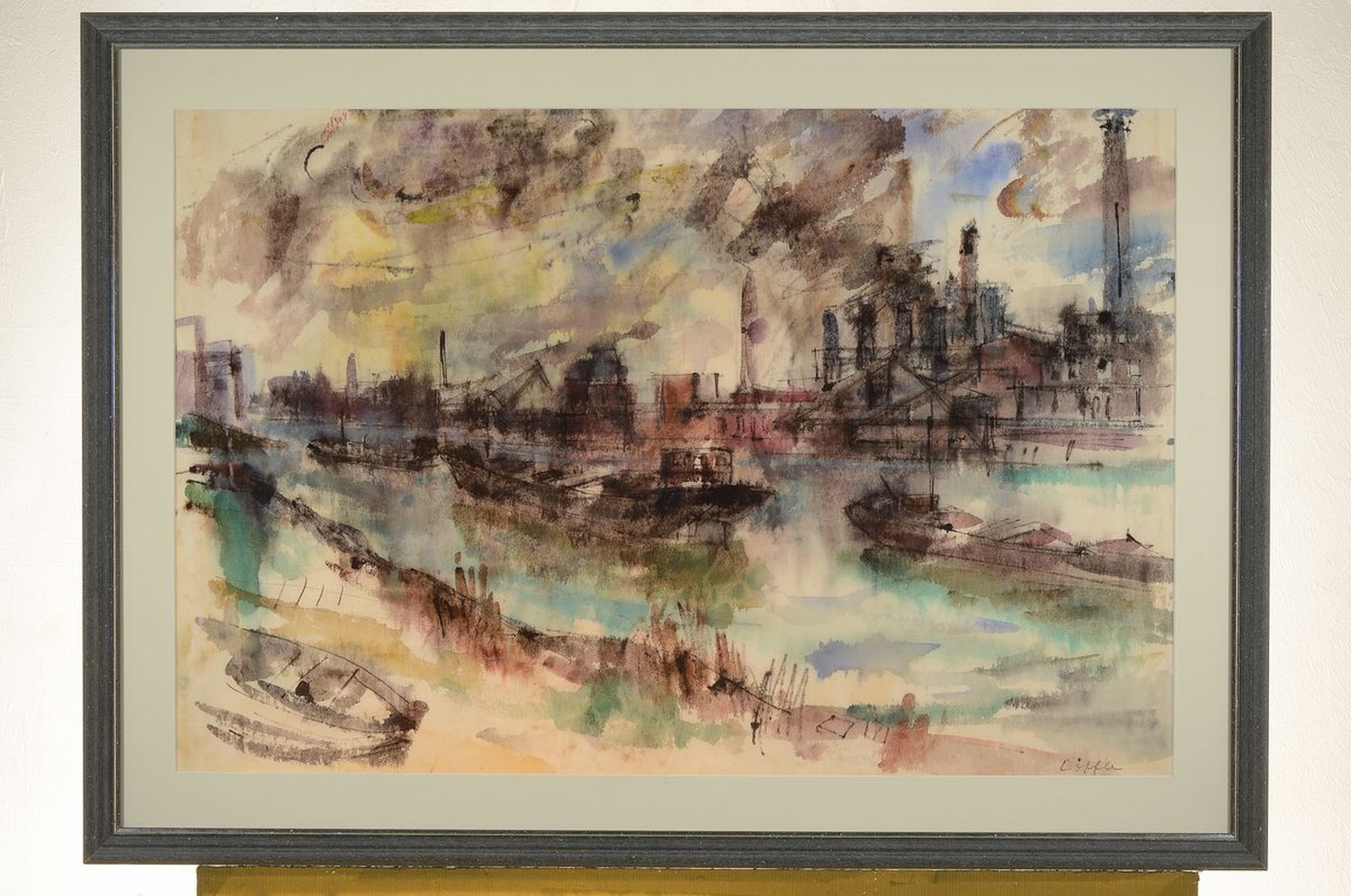 Detail k: Paul Löffler, 1938-1995 Mannheim, Blick auf das Rheinufer und die BASF, Tusche und Aquarell, rechts unten signiert, ca. 52x78cm, PP, u.Gl., R. ca. ...