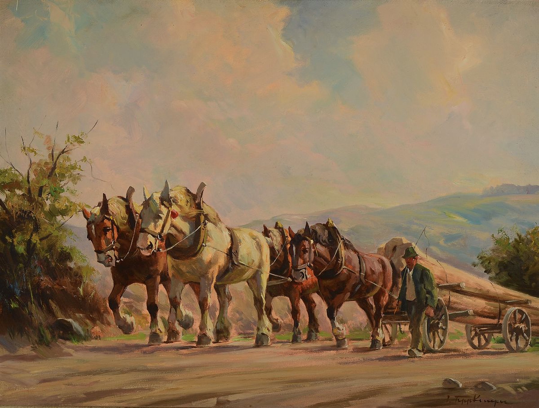 Josef Tippkemper, geb. 1892 Oelde, Förster mit vierspännigem Langholzwagen, Öl/Lwd, rechts unten signiert, ca. 60x80cm, R. ca. 73x93cm