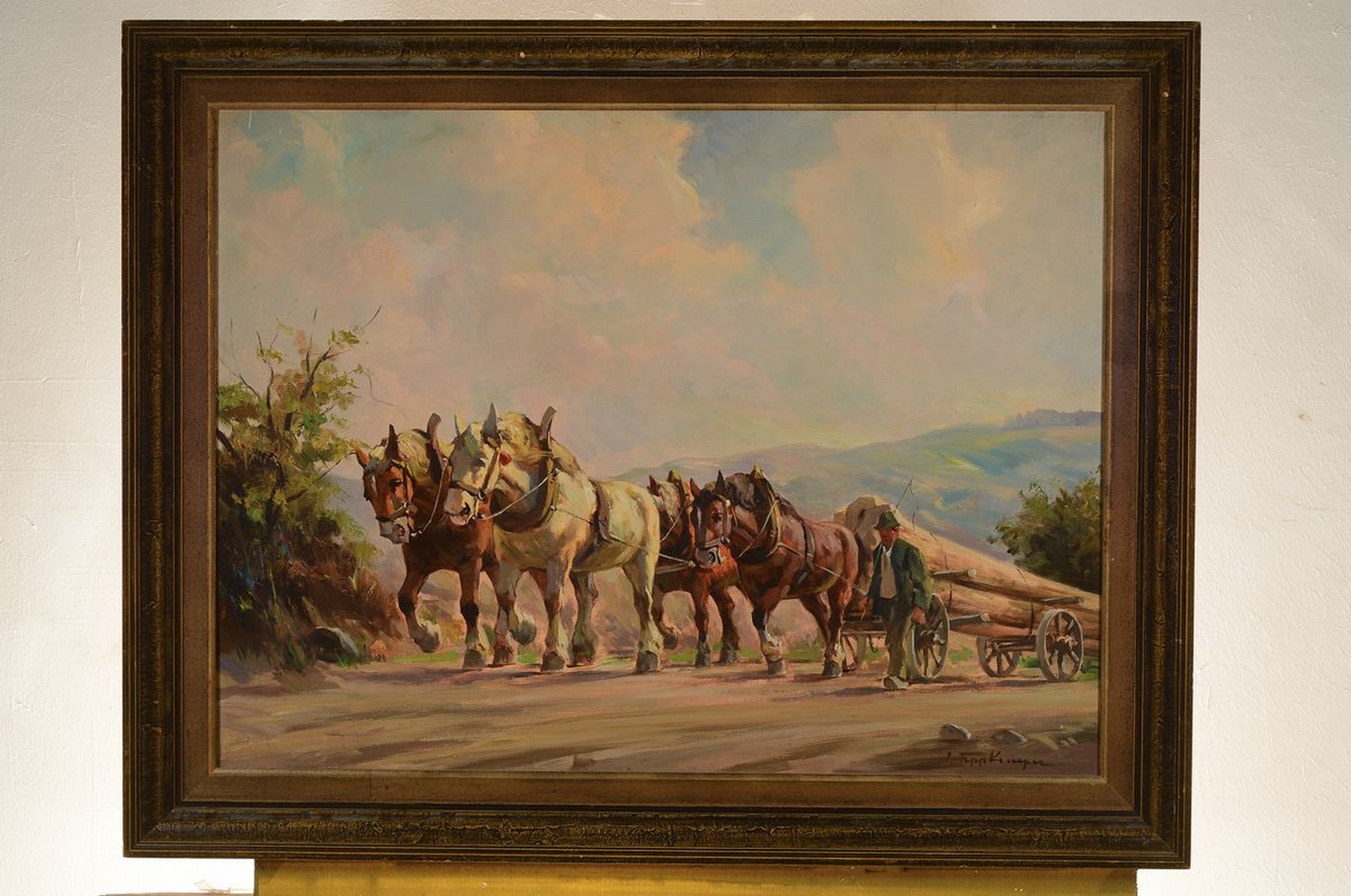 Detail k: Josef Tippkemper, geb. 1892 Oelde, Förster mit vierspännigem Langholzwagen, Öl/Lwd, rechts unten signiert, ca. 60x80cm, R. ca. 73x93cm