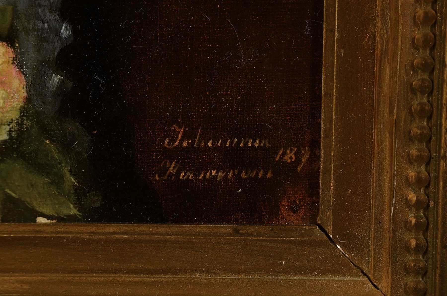 Detail a: wohl russischer Porträtmaler, um 1877, re. u. bez. Johanna Karopwa ? dat. 1877, Porträt einer Frau mit Spitzenragen und gelber Rose, Öl/Lwd/Pappe, ...