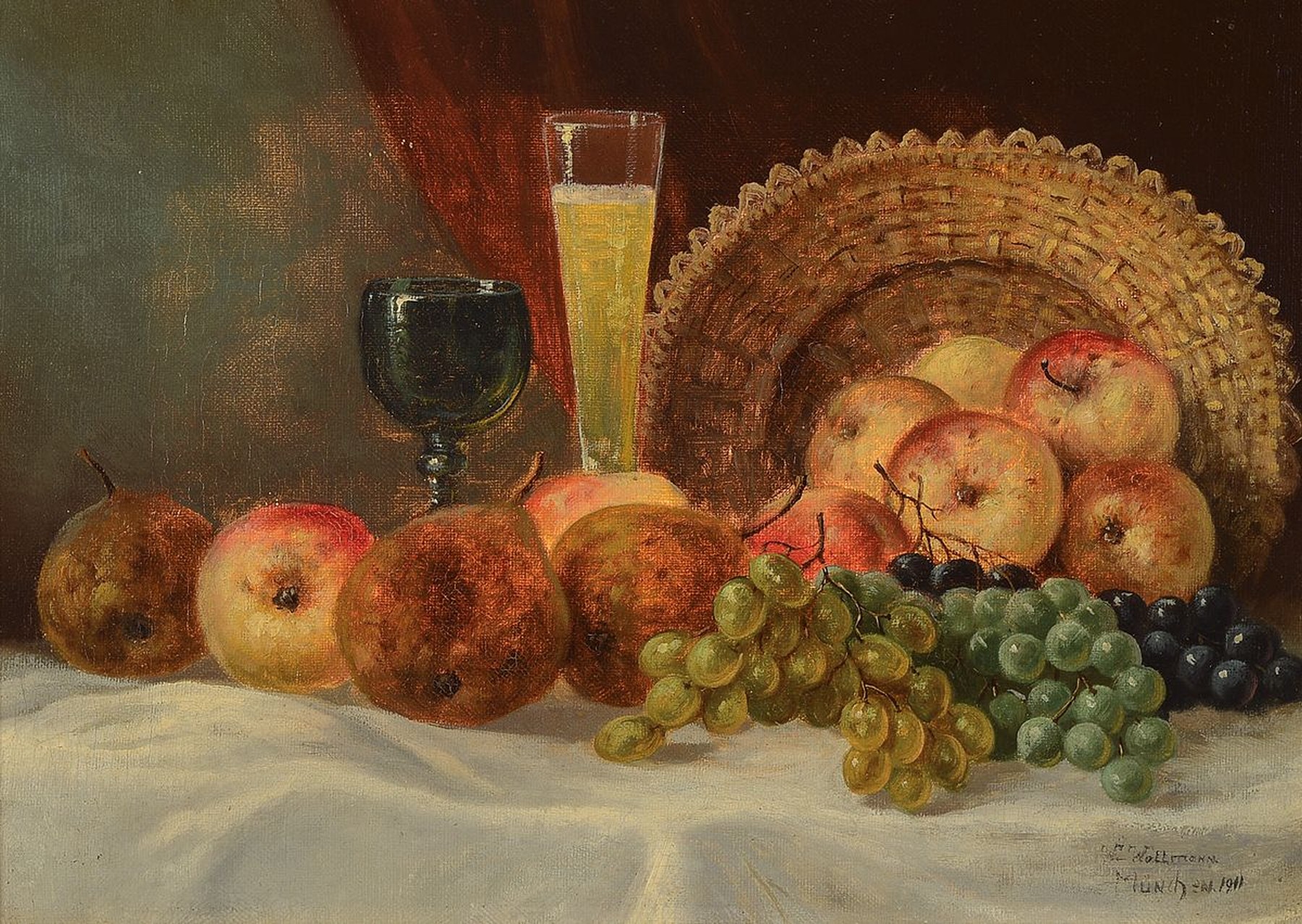 L. Wollmann, München 1911, Stillleben mit Obst und Gläsern, Öl/Lwd, re. unten sign. u. dat., ca. 26 x 35 cm, Prunkrahmen ca. 38.5 x 48.5 cm