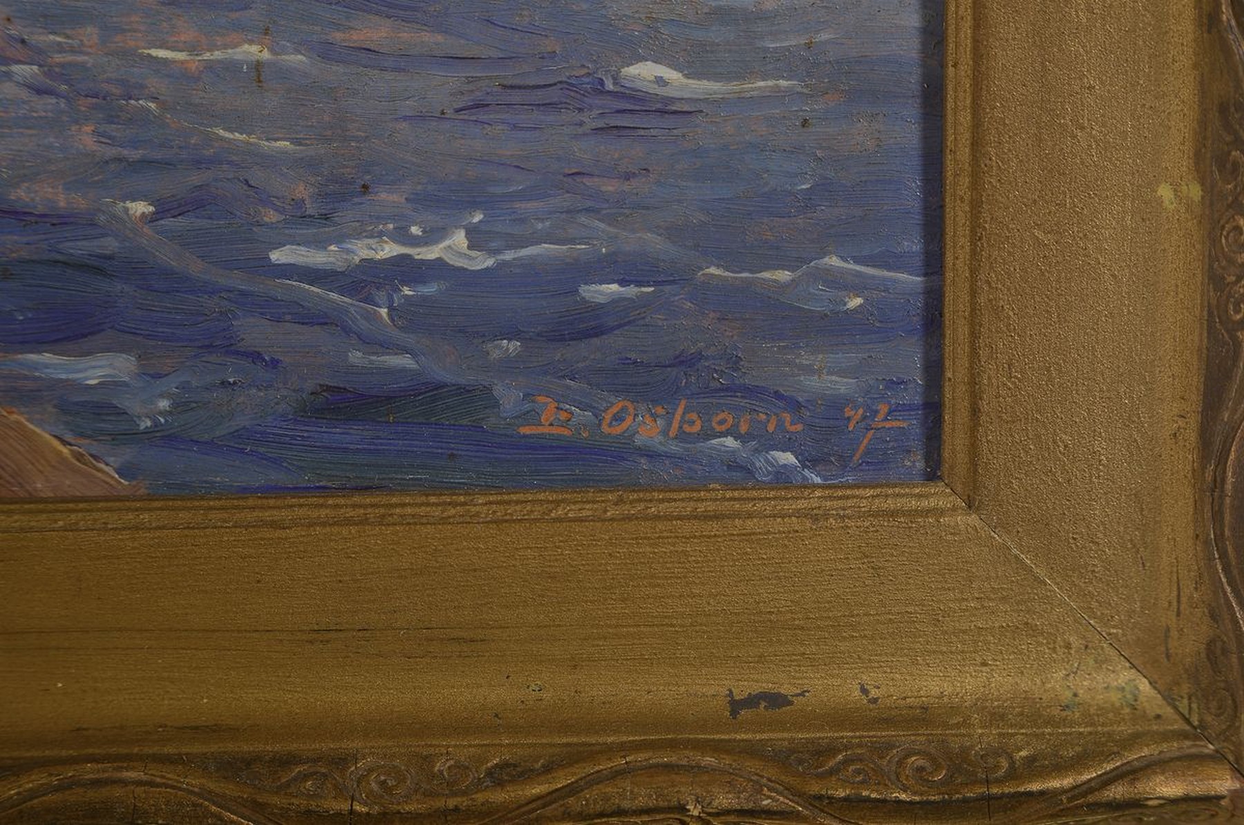 Detail a: E. Osborn, wohl britischer Künstler, erste Hälfte 20. Jh., Küstenansicht, Öl/Malkarton,re. unten signiert und dat. 47, Alters- und ...