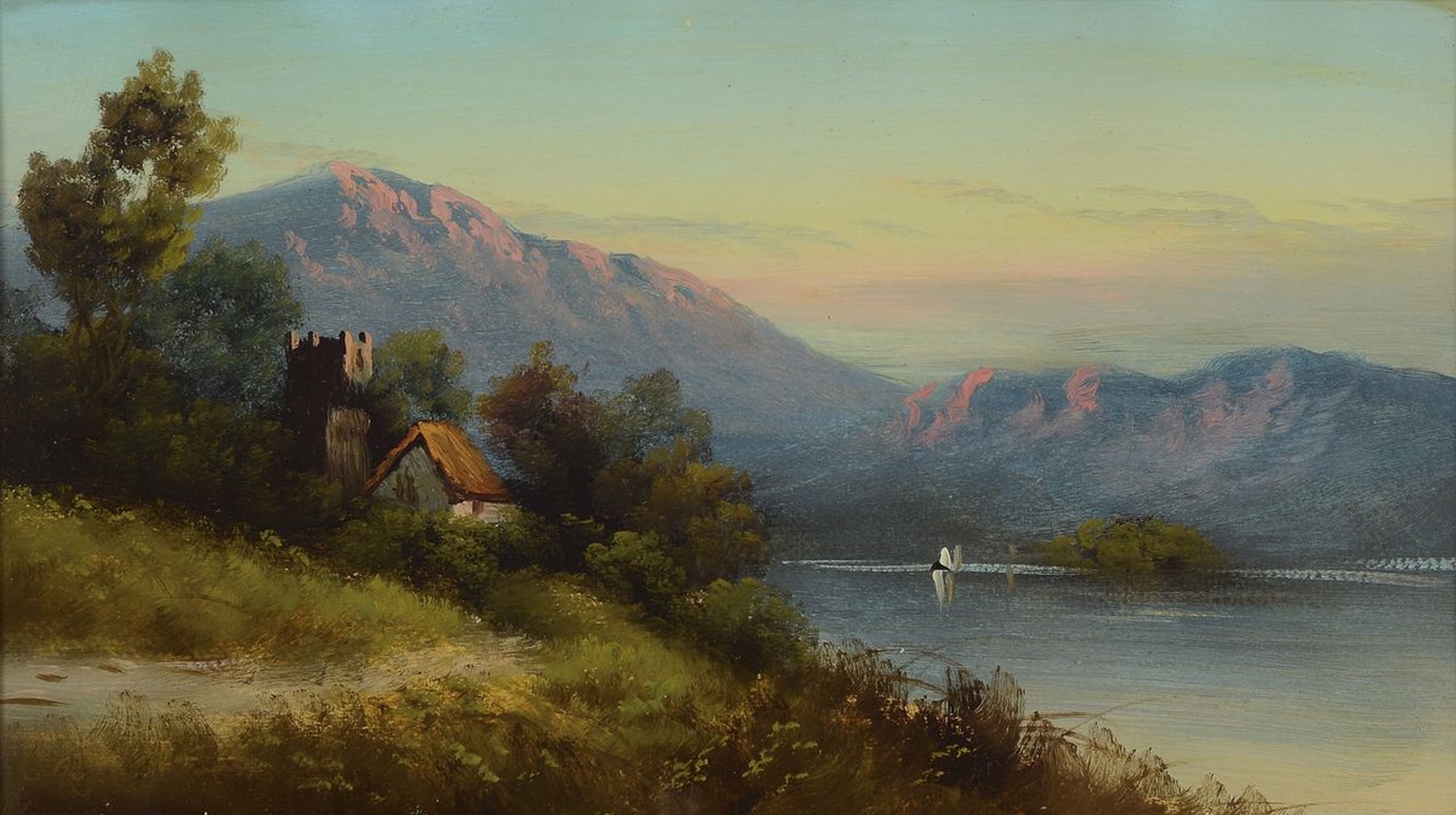 Detail a: Unbekannter wohl süddeutscher Maler um 1900,zwei Alpenlandschaften, Öl/Malkarton, unsigniert, 25 x 43 cm, unter Glas, vergoldete Rahmen aus der ...