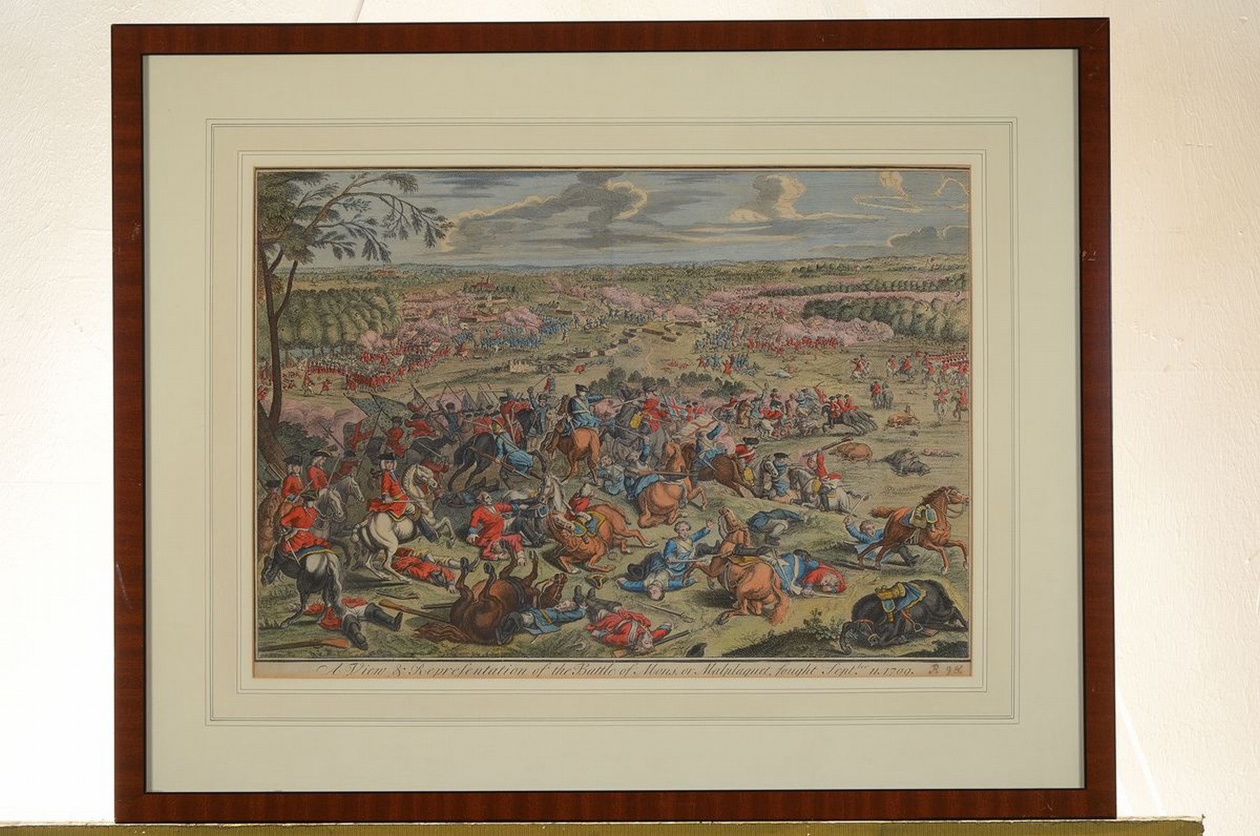Detail k: Kupferstich, 18. Jh., Schlacht bei Malplaquet südlich der belgischen Stadt Mons im spanischen Erbfolgekrieg, koloriert, bezeichnet, gebräunt bzw. ...