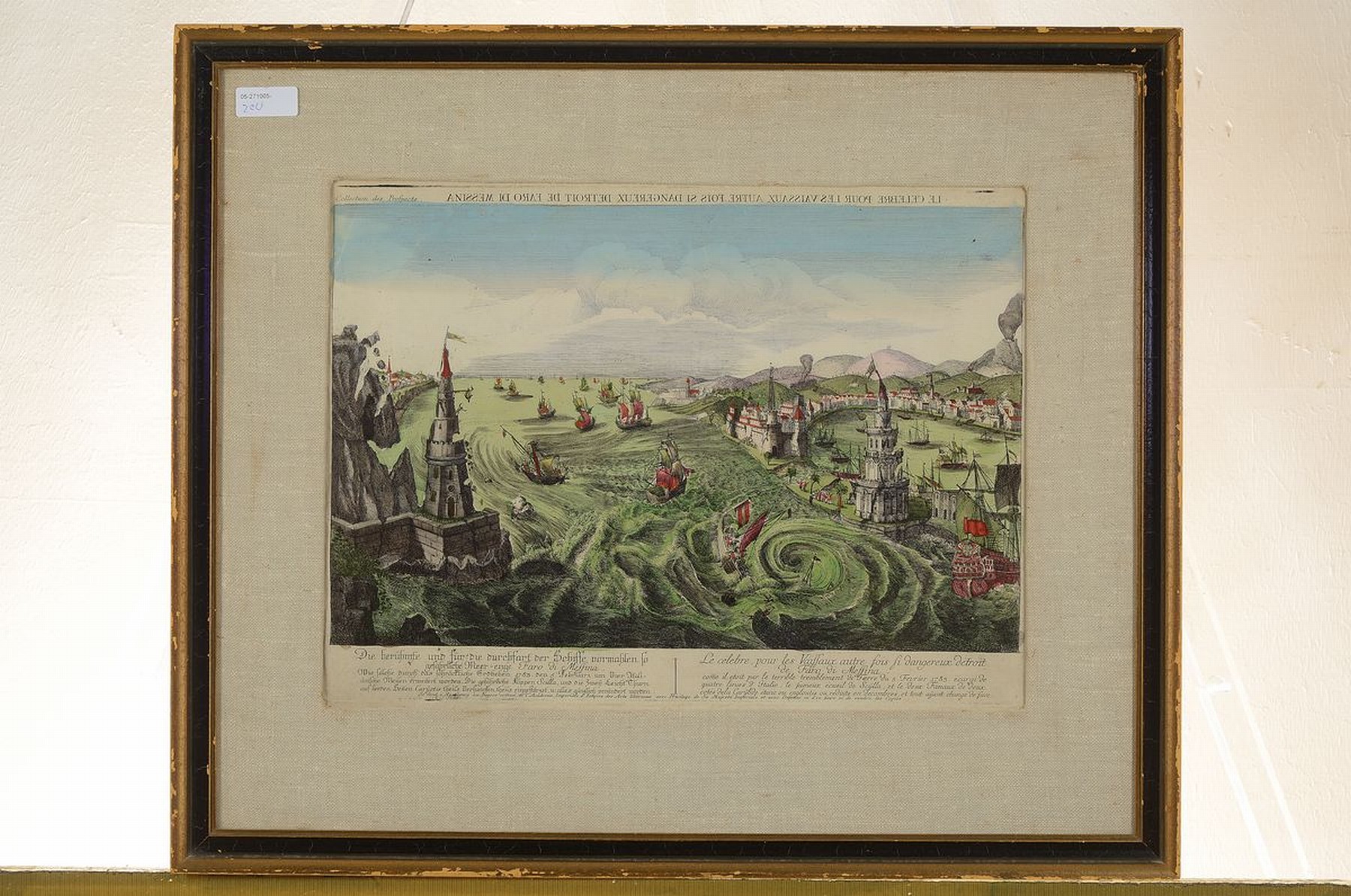 Detail k: Guckkastenbild/Kupferstich, 18. Jh., "Die berühmte und für die Durchfahrt der Schiffe vormahlen so gefährlich Meerenge For di Messina...., ...
