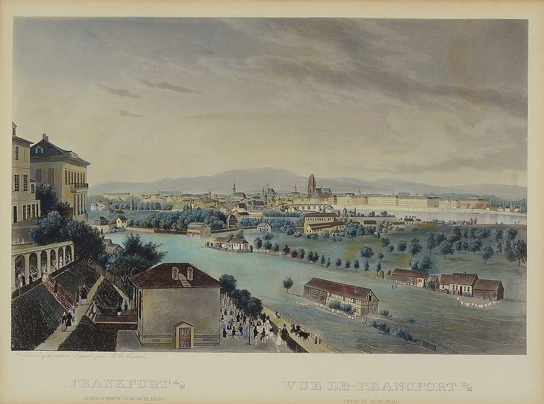 Detail a: Zwei große Stahlstiche,, Ansichten von Frankfurt am Main,, nach J.J. Tanner, koloriert, aufgenommen von der Main Lust und aufgenommen vom Mühlberg, ...