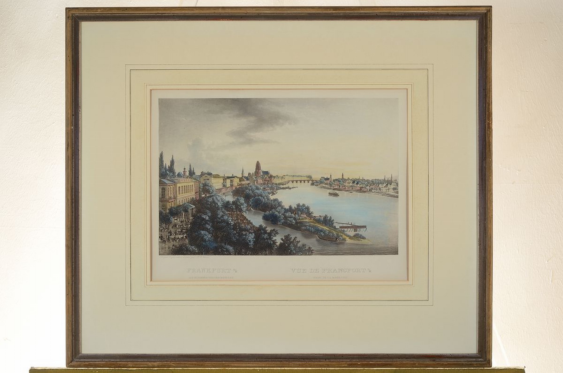 Detail k: Zwei große Stahlstiche,, Ansichten von Frankfurt am Main,, nach J.J. Tanner, koloriert, aufgenommen von der Main Lust und aufgenommen vom Mühlberg, ...