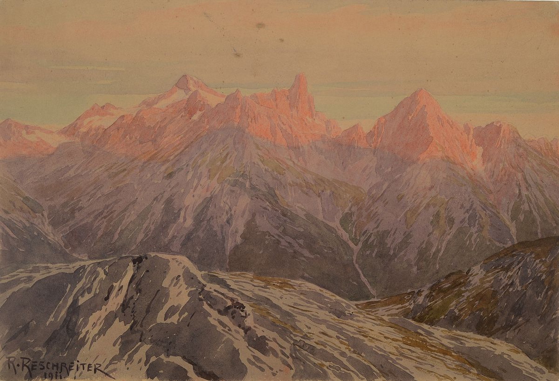 Rudolf Reschreiter, 1868-1939 München, Alpenglühen, Hochgebirgslandschaft mit rotem Lichtschein auf den Spitzen, Aquarell auf Papier, links unten ...