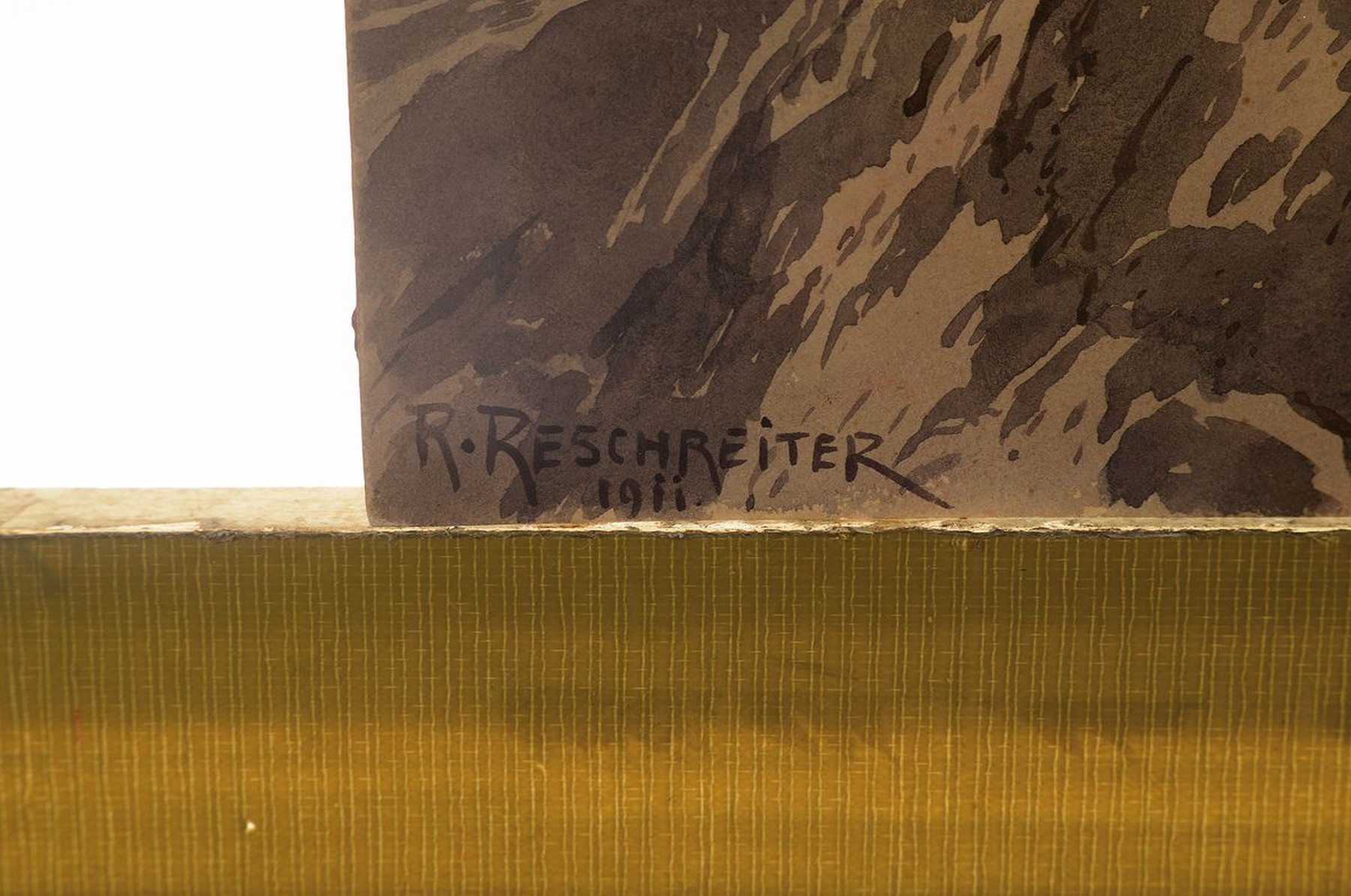Detail a: Rudolf Reschreiter, 1868-1939 München, Alpenglühen, Hochgebirgslandschaft mit rotem Lichtschein auf den Spitzen, Aquarell auf Papier, links unten ...