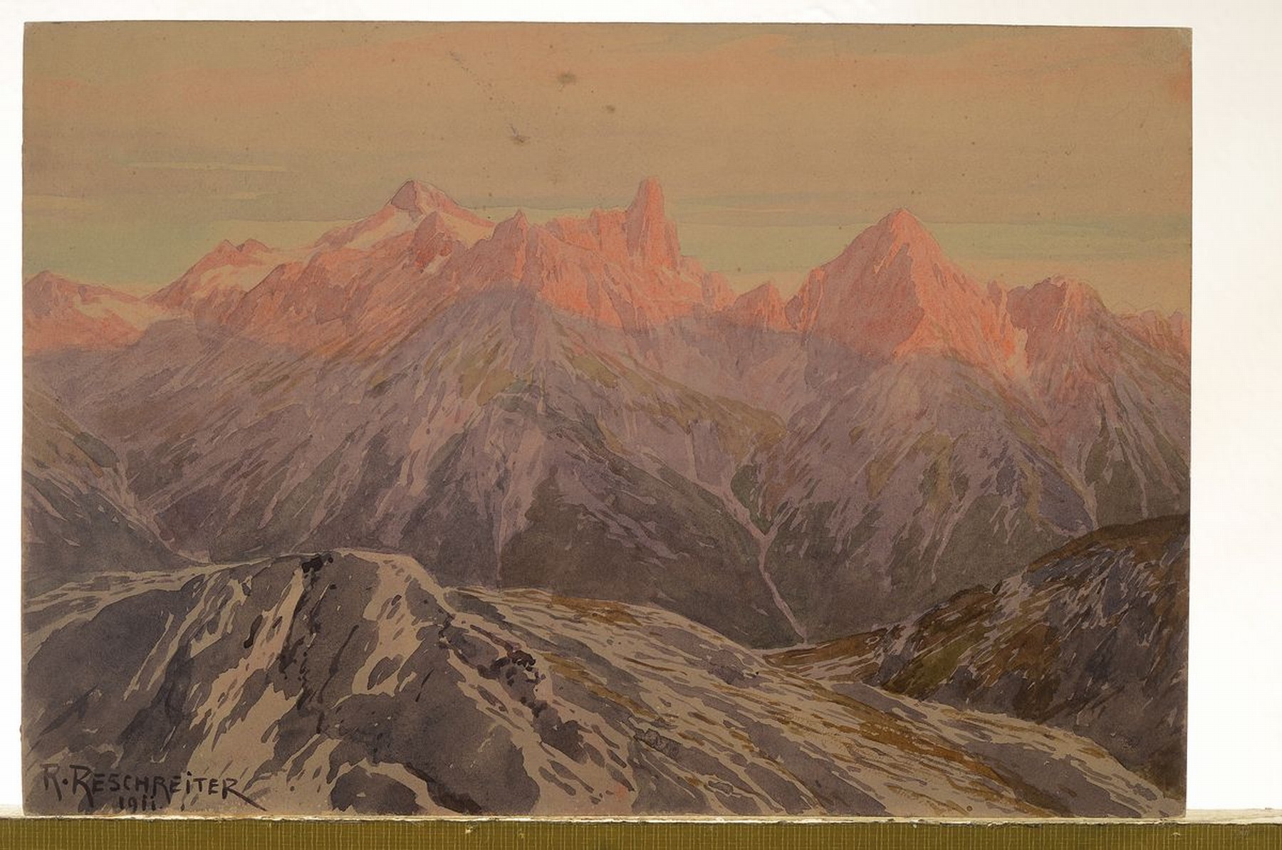 Detail k: Rudolf Reschreiter, 1868-1939 München, Alpenglühen, Hochgebirgslandschaft mit rotem Lichtschein auf den Spitzen, Aquarell auf Papier, links unten ...
