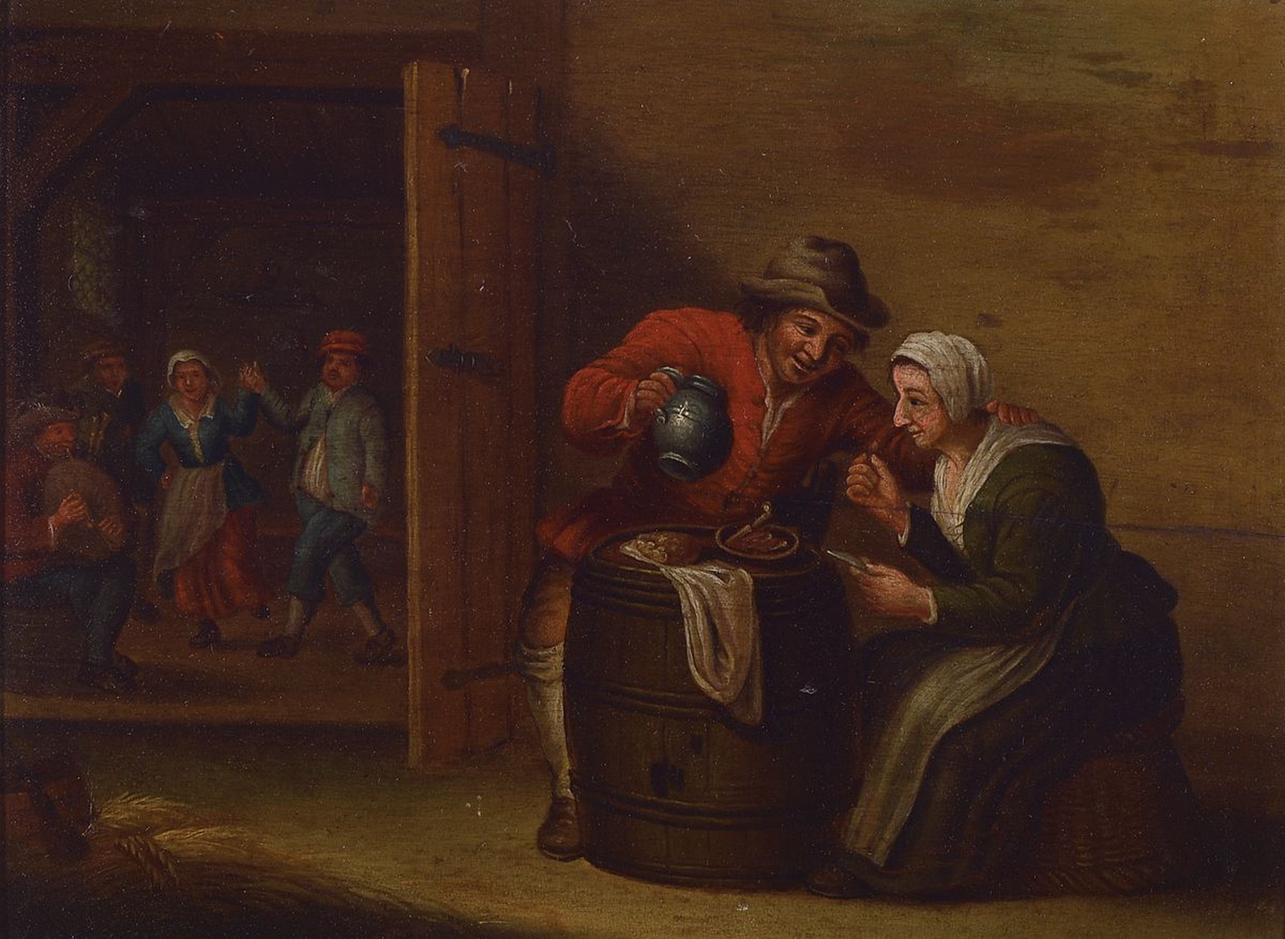 Unbekannter Künstler, Niederlande, um 1760-1780, Wirtshausinterieur, im rechten Vordergrund Paar beim Essen, im linken Hintergrund tanzendes Paar ...