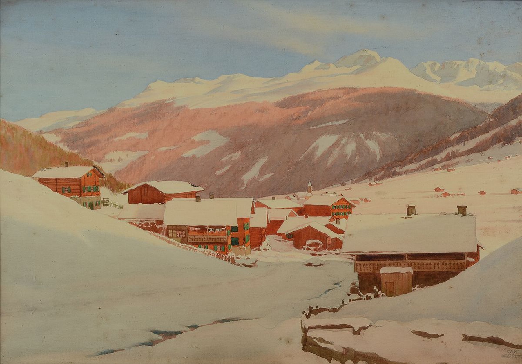 Carl Kessler, 1876 Coburg-1968 München, verschneite Winterlandschaft im Gebirge, Aquarell auf Papier, rechts unten signiert, ca. 36x52cm, u.Gl., R. ...