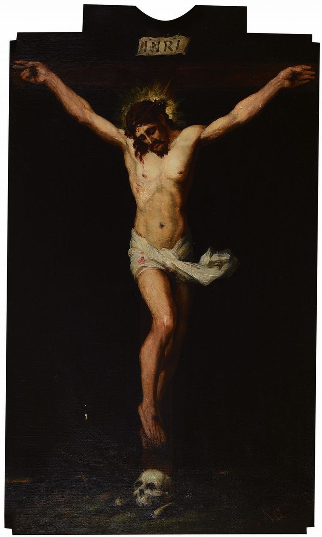 Monogrammist KG, deutsch, um 1880-1890, der gekreuzigte Christus, Öl/Lwd, rechts unten monogrammiert, kleinere Farbschäden, ausdrucksvolle Malerei, ...